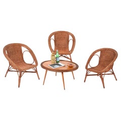 Retro Set of Three Wicker and Wood Armchairs and Table, Italy 1960s