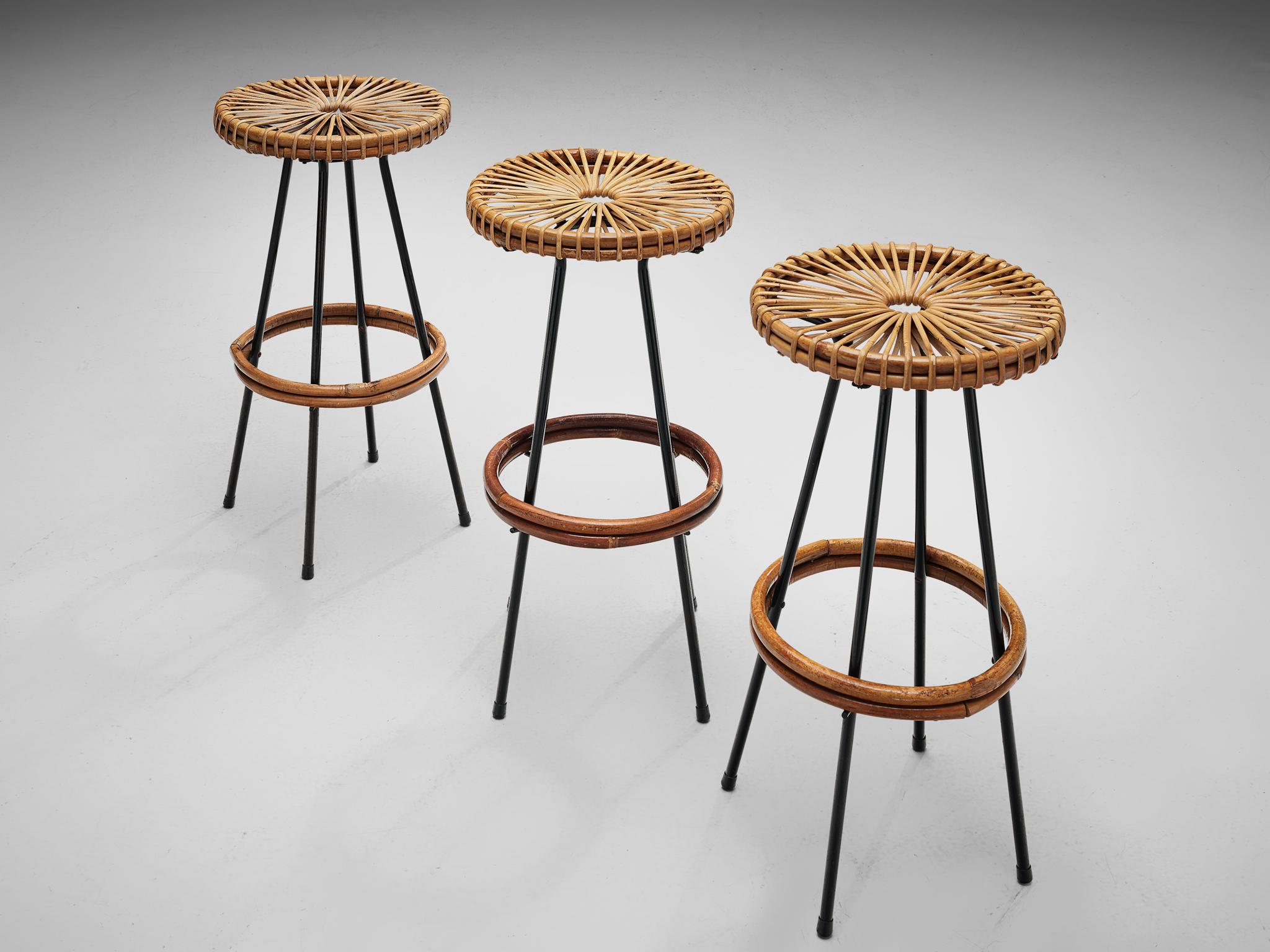 Mid-Century Modern Set of Three Wicker Barstools by Dirk Van Sliedrecht for Rohe