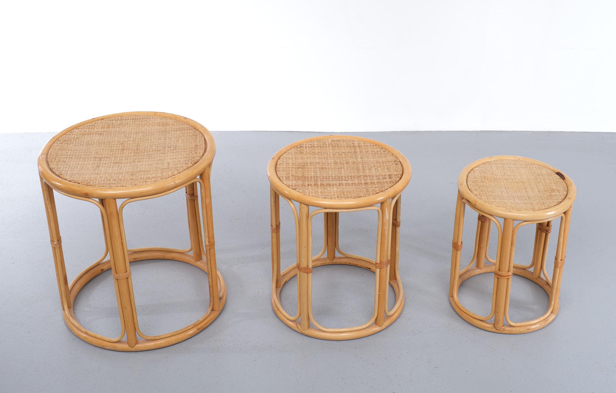 Set of Three Wicker Tables, 1970s 1