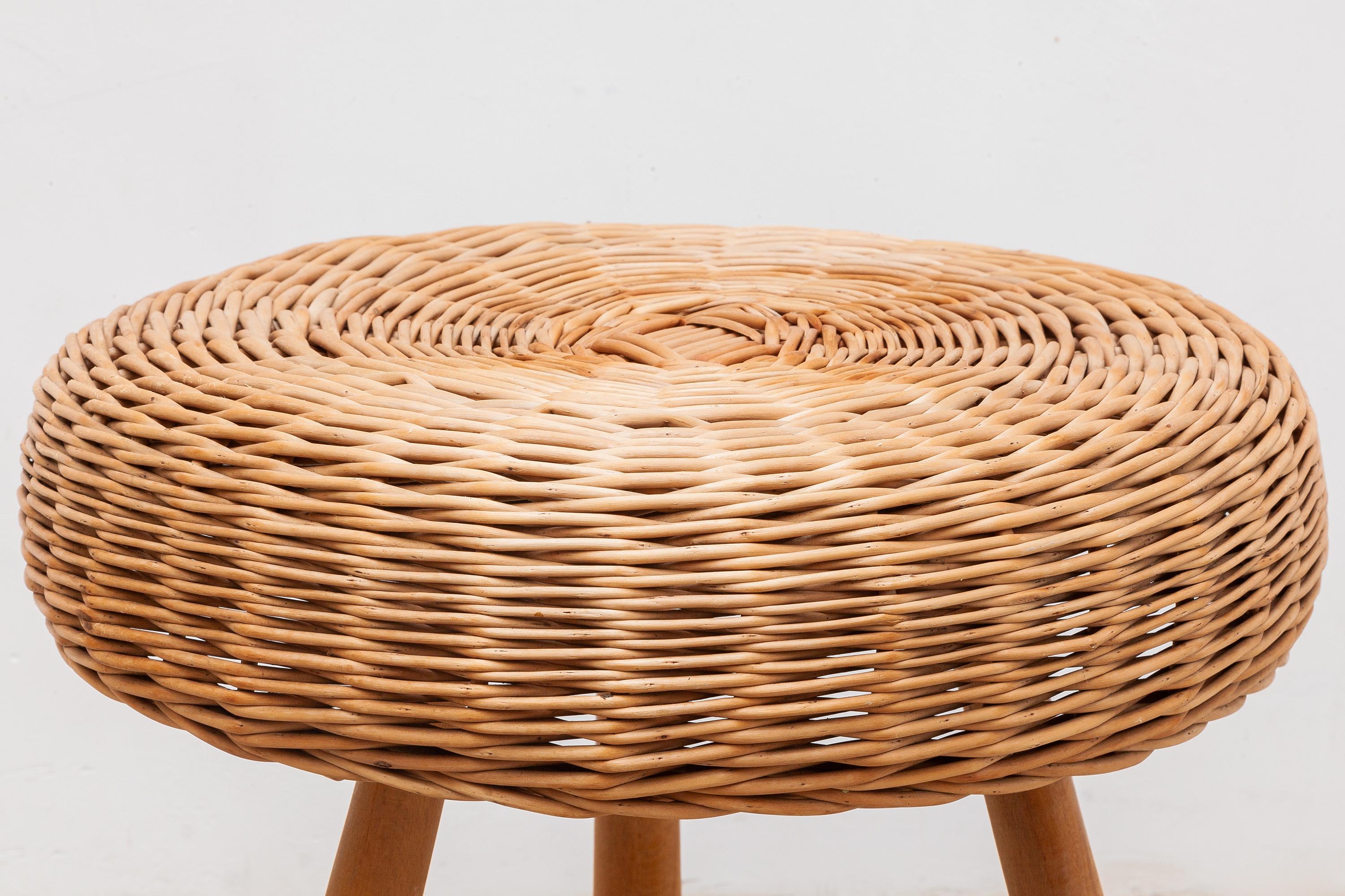 Mid-Century Modern Set of Two Wicker Three Legged Stools in the Manner of Charlotte Perriand