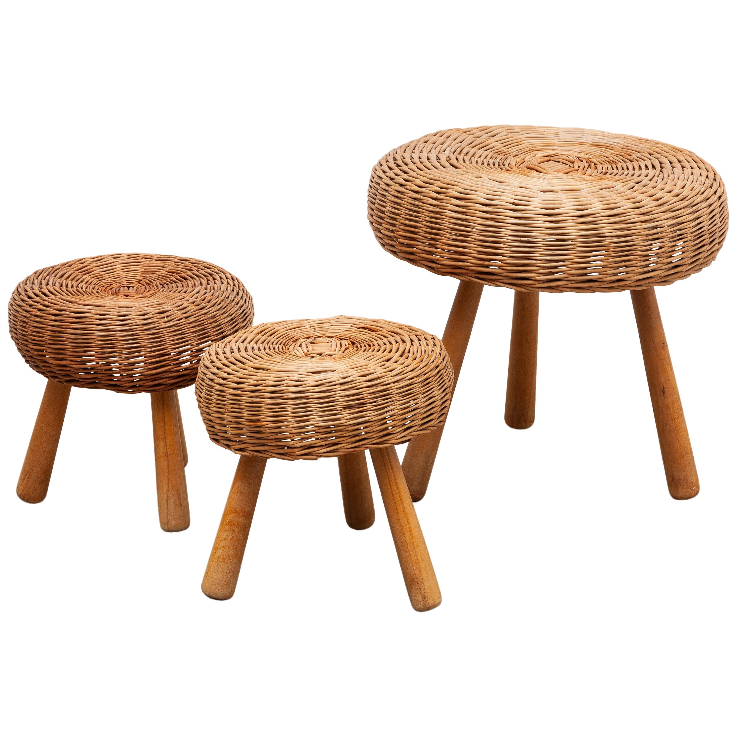 Set of Two Wicker Three Legged Stools in the Manner of Charlotte Perriand