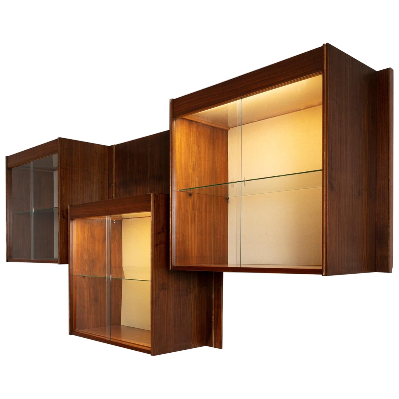 Set von drei Holz-Wandleuchtern, Schiebeglastüren, Carlo Scarpa, Italien, 1960er Jahre