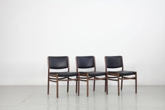 Set of Three Wooden Chairs with Black Leatherette Upholstery, Italy 60s