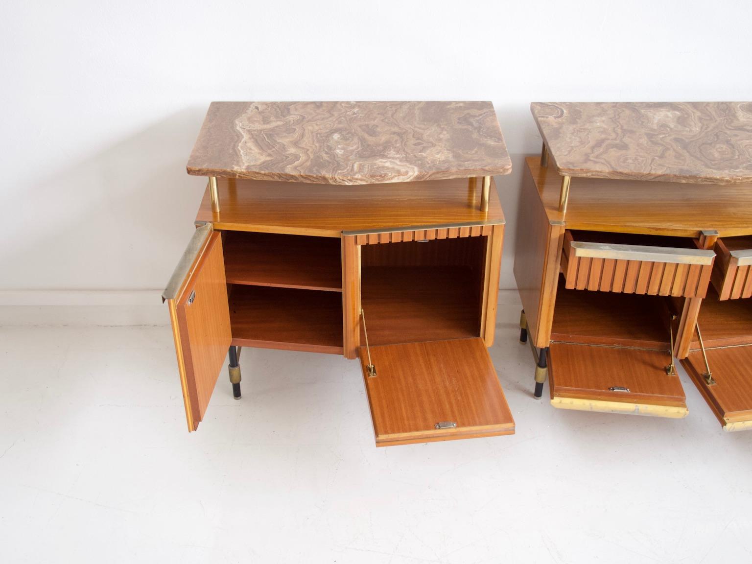 Set of Three Wooden Sideboards with Brass Details and Marble Top 3