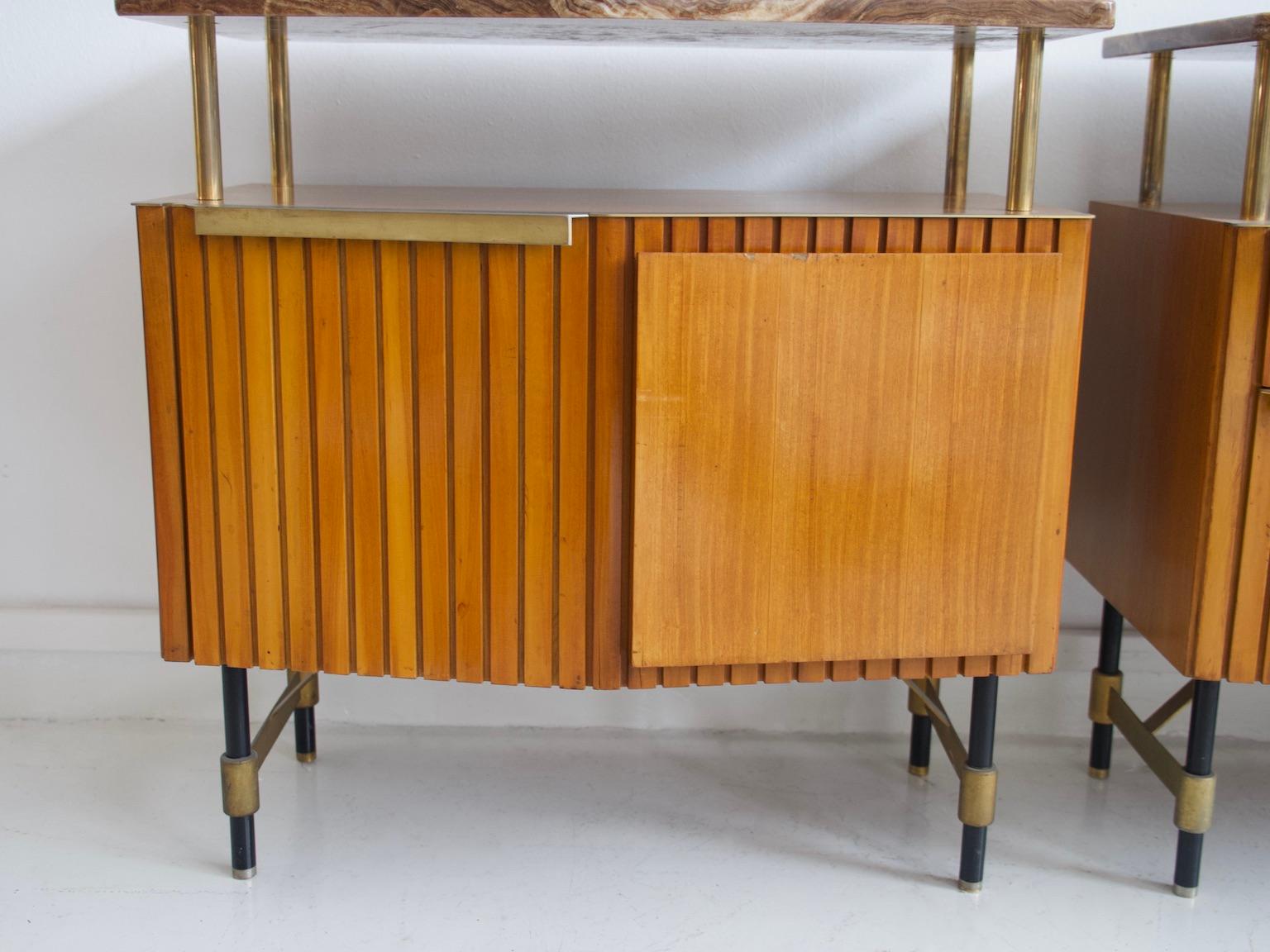 Mid-Century Modern Set of Three Wooden Sideboards with Brass Details and Marble Top