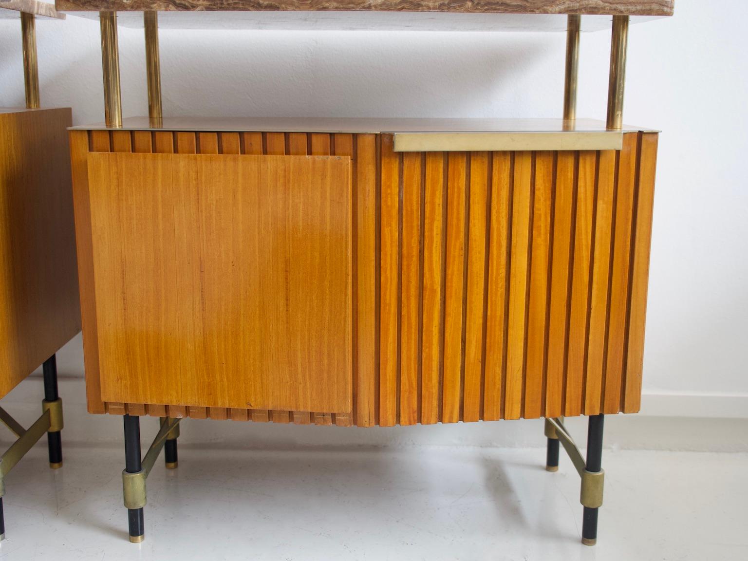 Set of Three Wooden Sideboards with Brass Details and Marble Top In Good Condition In Madrid, ES