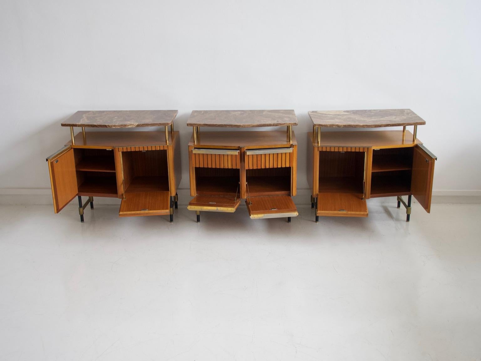 Set of Three Wooden Sideboards with Brass Details and Marble Top 2
