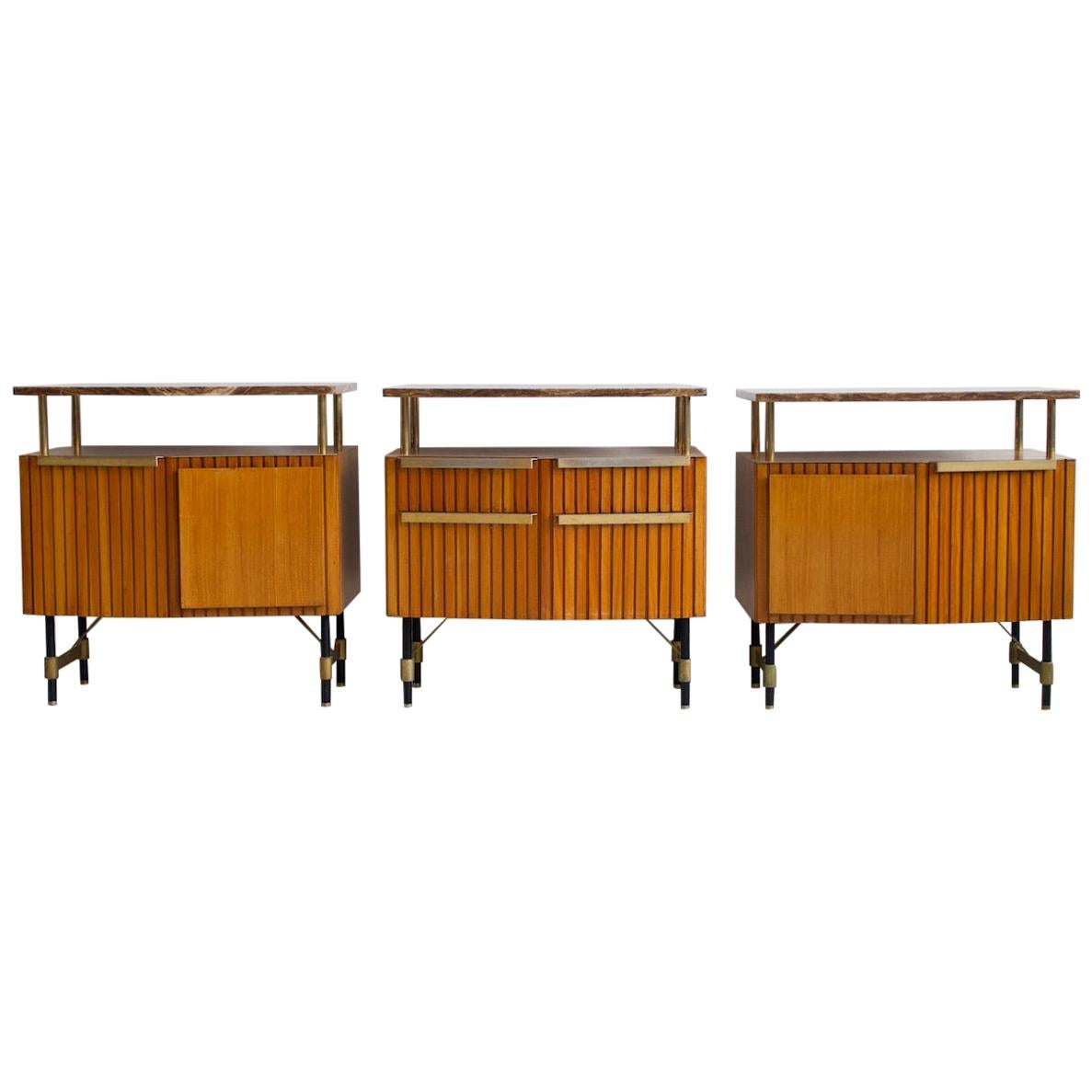 Set of Three Wooden Sideboards with Brass Details and Marble Top