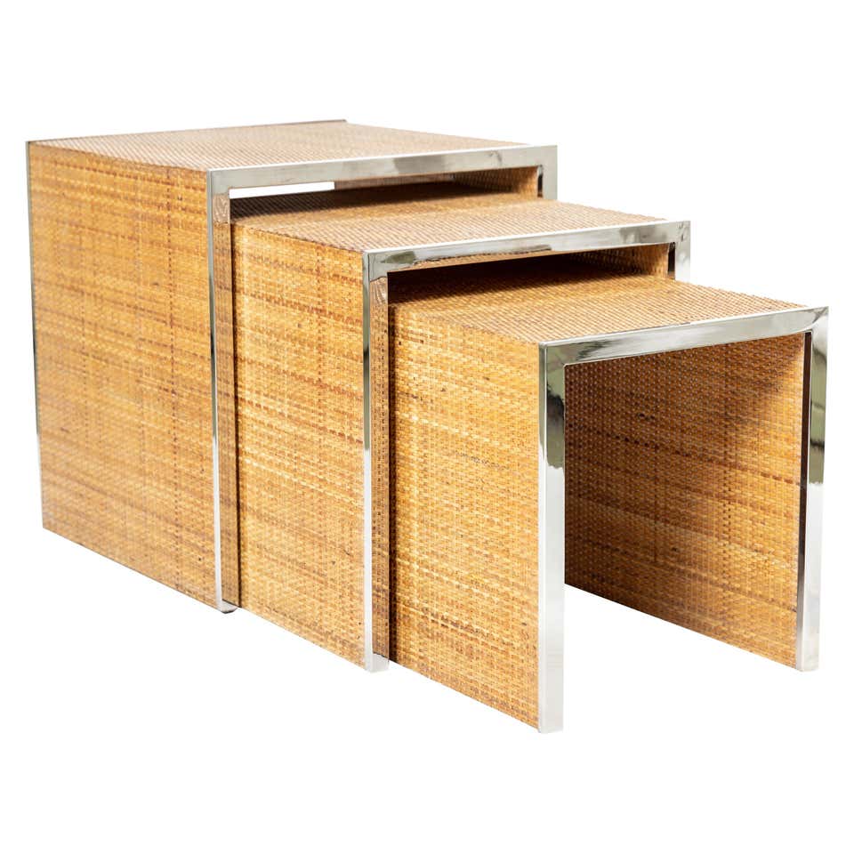 Set of Three Woven Rattan Nesting Tables with Chrome Detail For Sale at ...