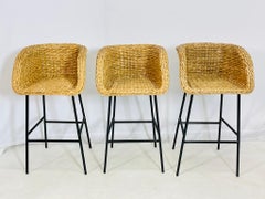 Set of Three Woven Water Hyacinth and Black Metal Frame Barstools