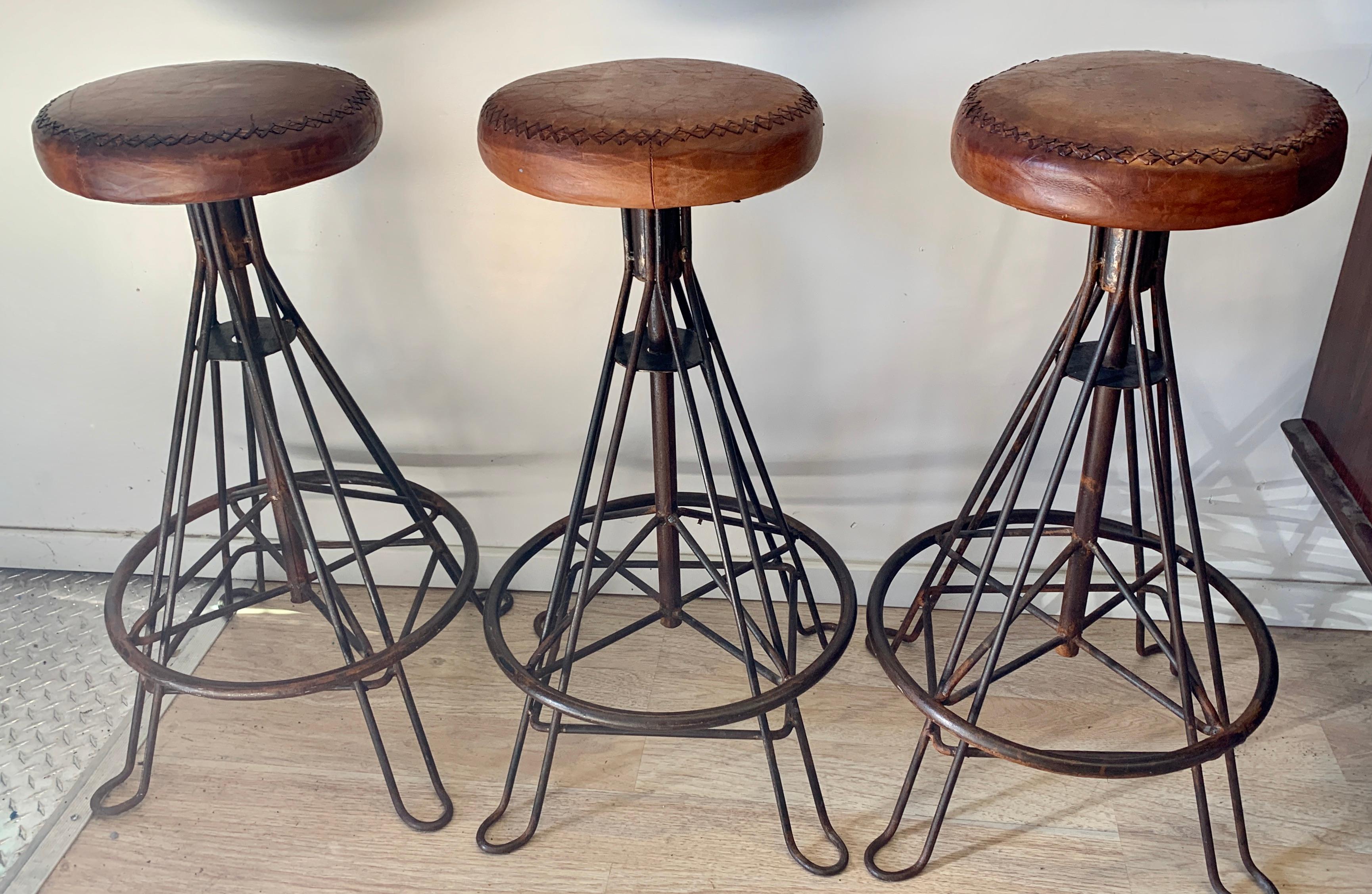 Organic Modern Set of Three Wrought Iron and Stitched Leather Bar Stools For Sale
