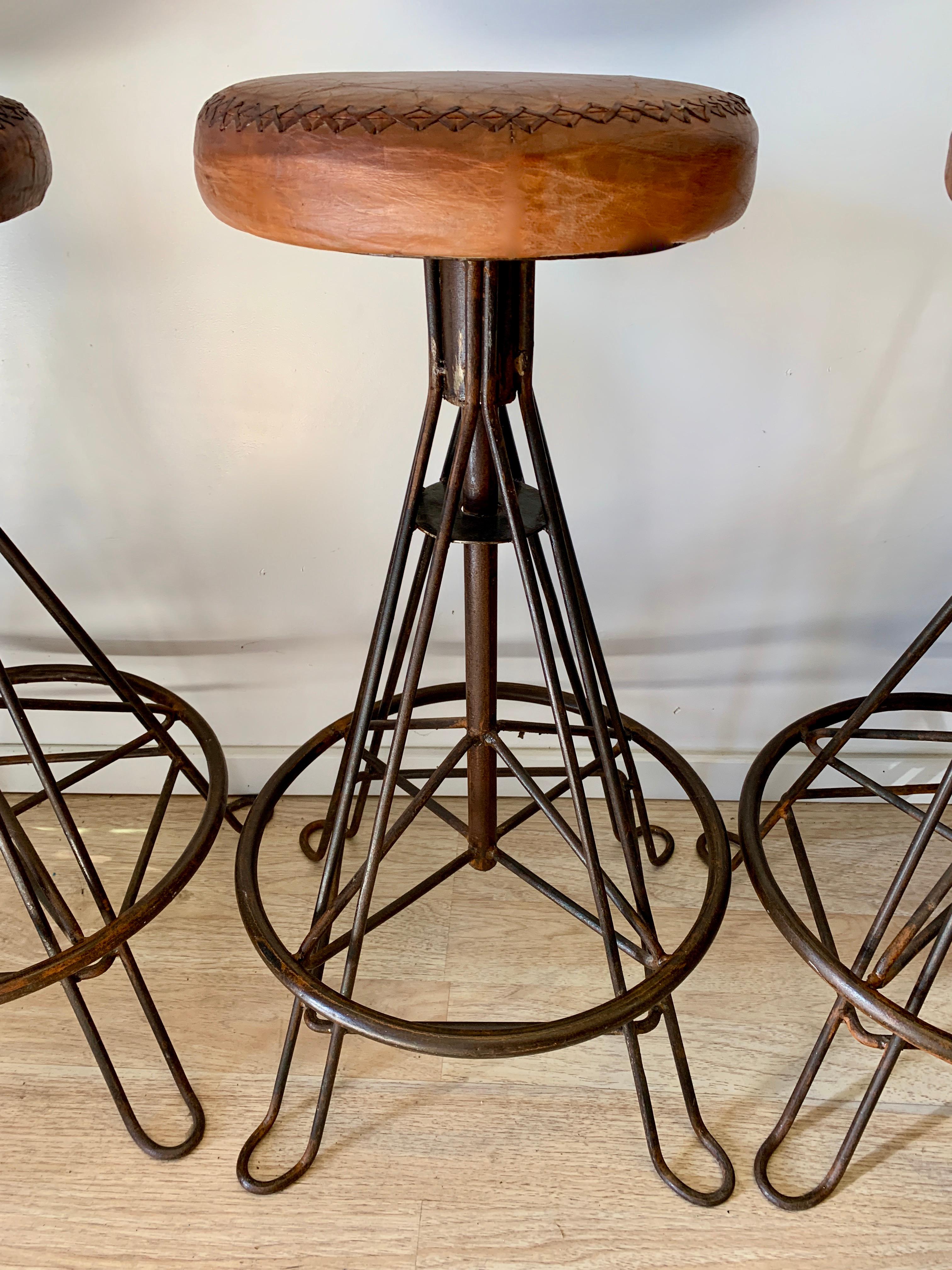 Hand-Crafted Set of Three Wrought Iron and Stitched Leather Bar Stools For Sale