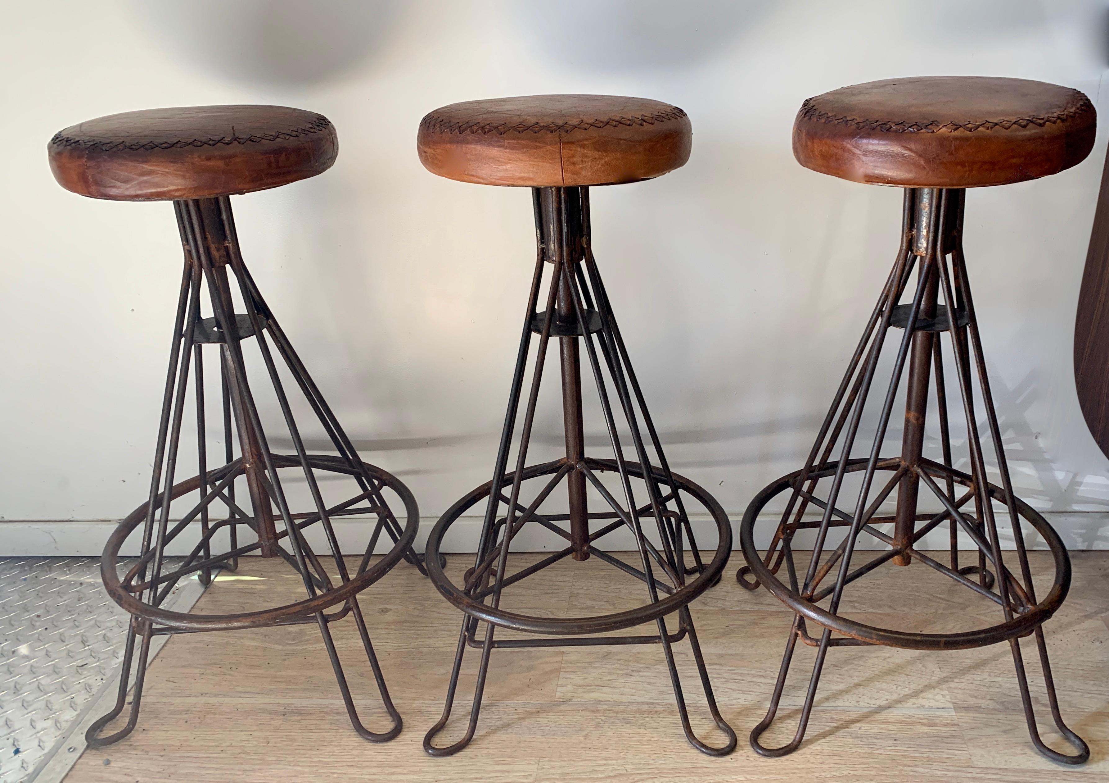 Set of Three Wrought Iron and Stitched Leather Bar Stools In Good Condition For Sale In Los Angeles, CA