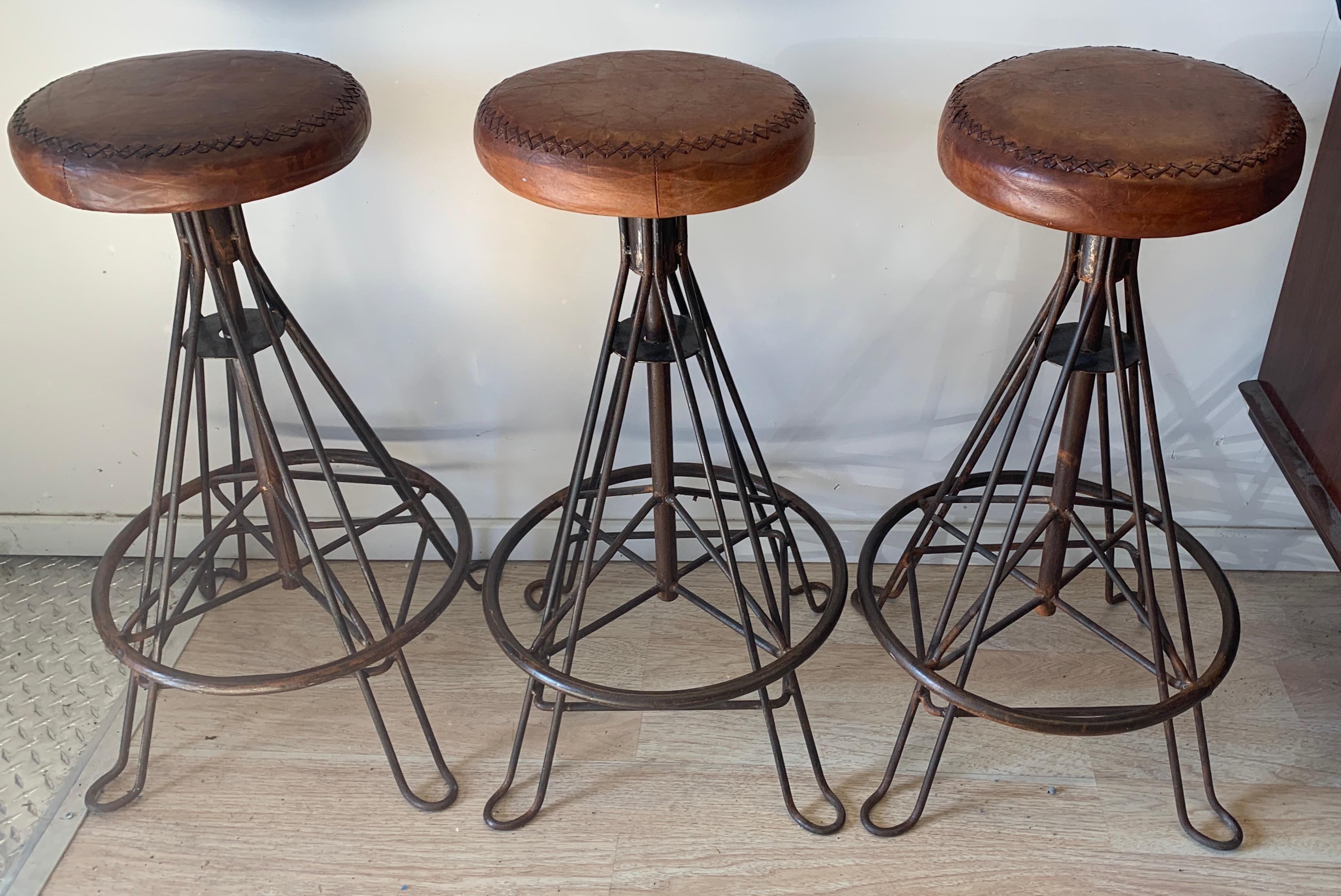 Organic Modern Set of Three Wrought Iron and Stitched Leather Bar Stools
