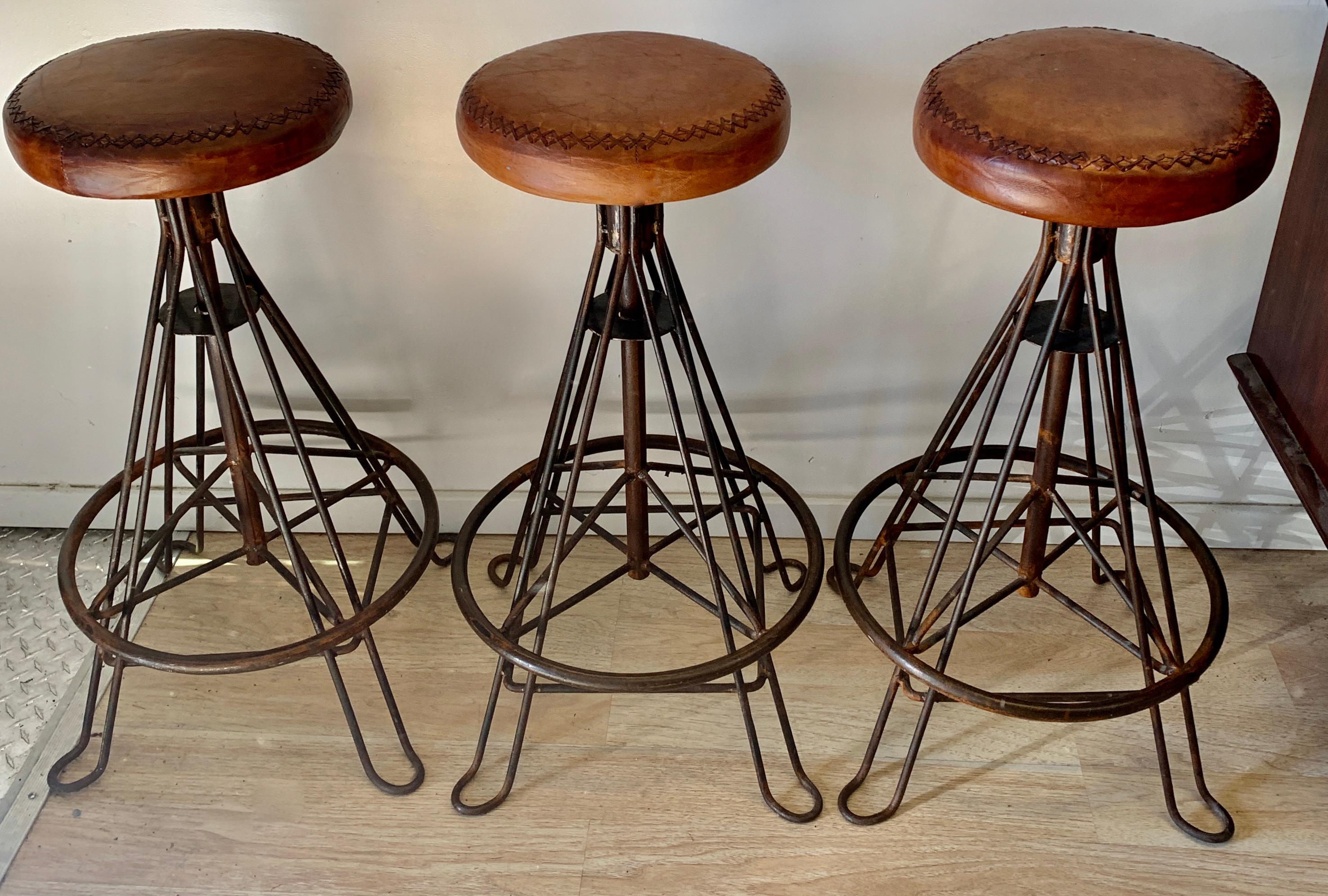 Hand-Crafted Set of Three Wrought Iron and Stitched Leather Bar Stools