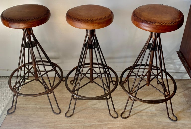 Set of Three Wrought Iron and Stitched Leather Bar Stools For Sale at ...