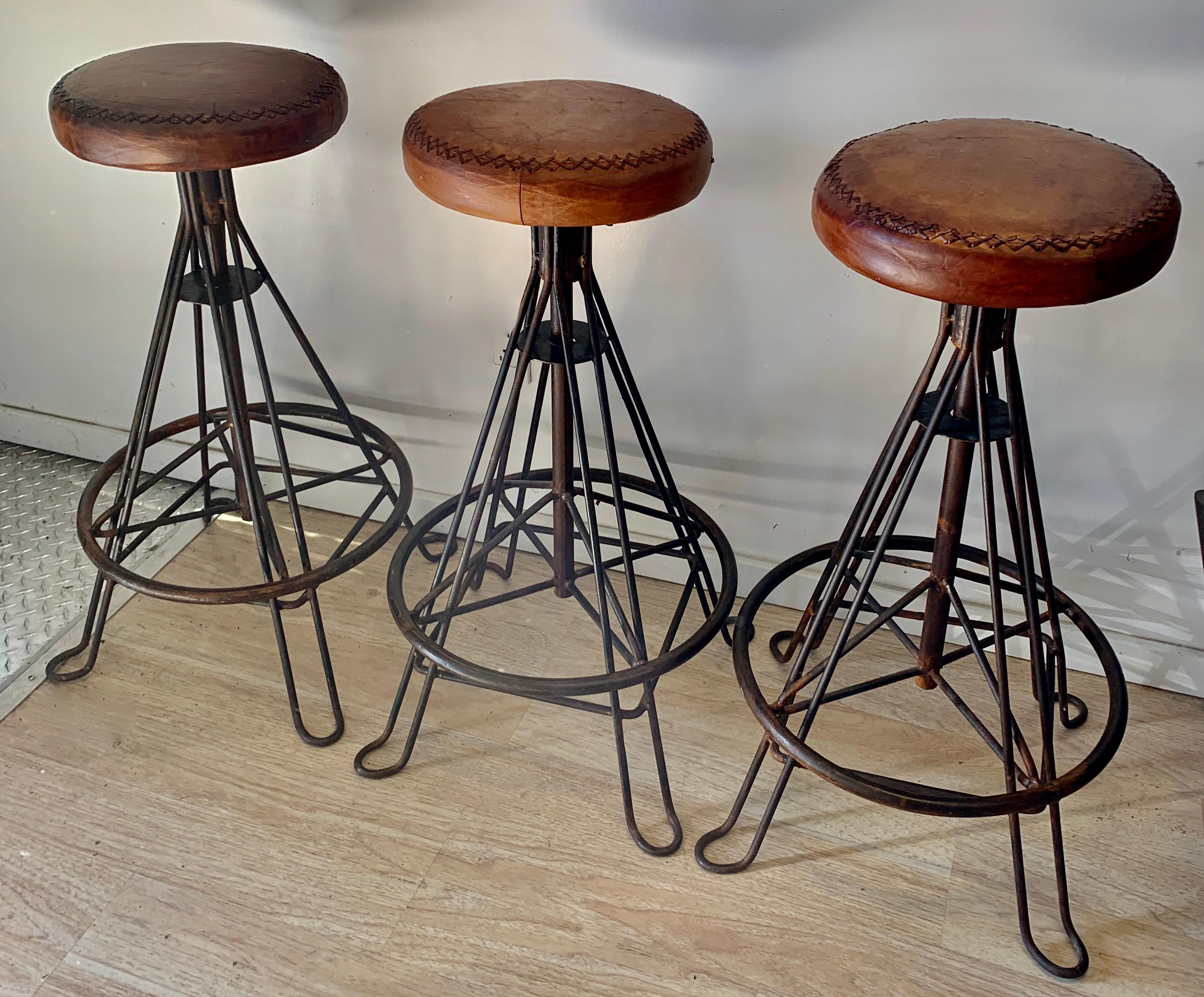 Set of Three Wrought Iron and Stitched Leather Bar Stools In Good Condition In Los Angeles, CA