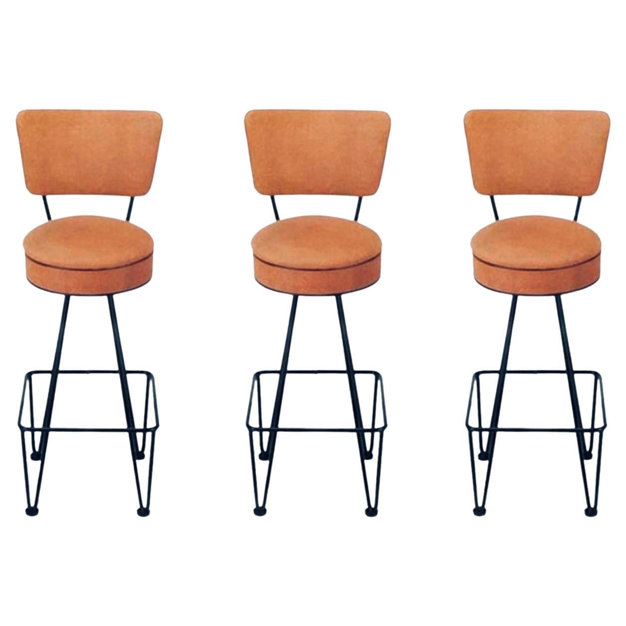 Set of Three Wrought Iron Bar Stools After Frederick Weinberg