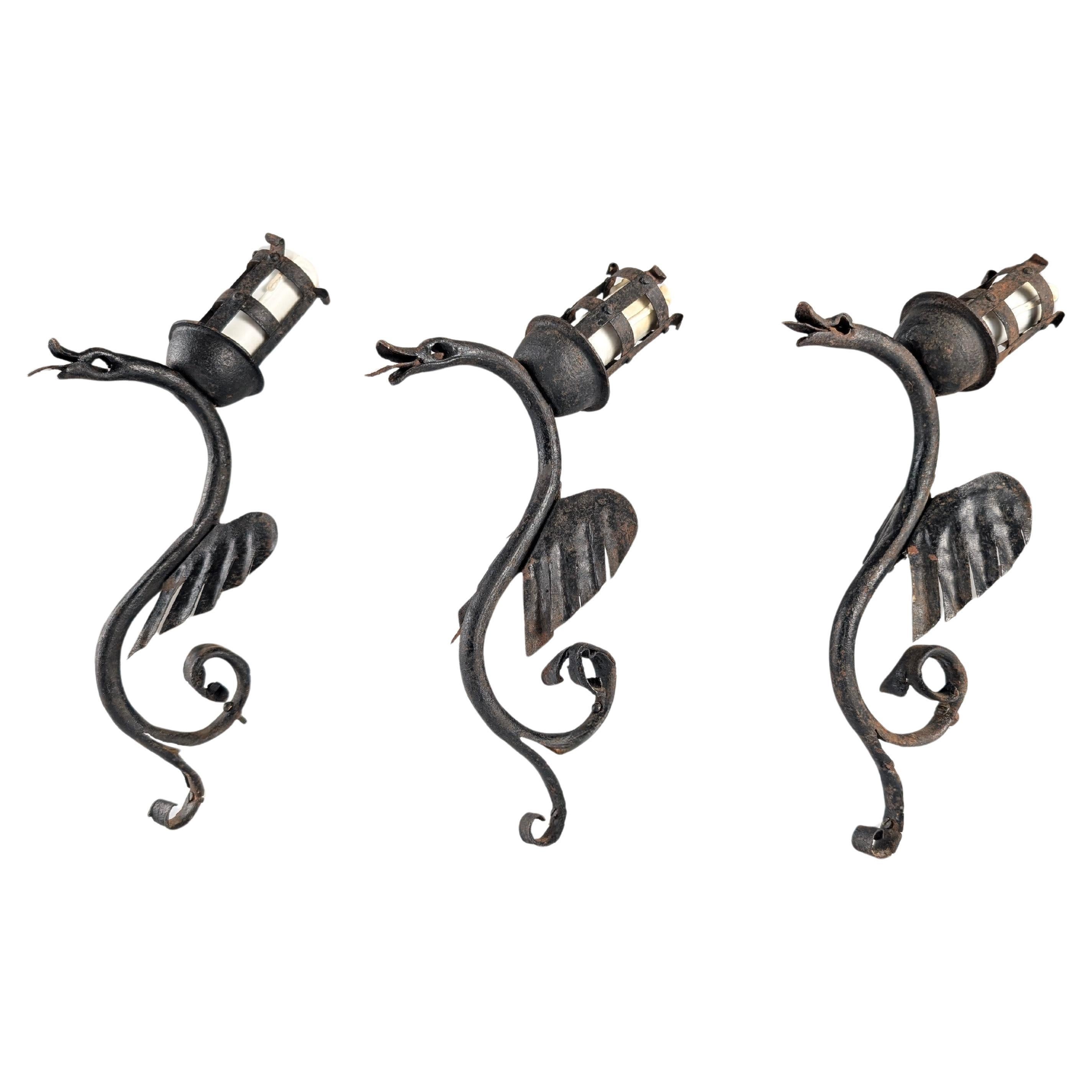 Set of Three Wrought Iron Dragon Sconces