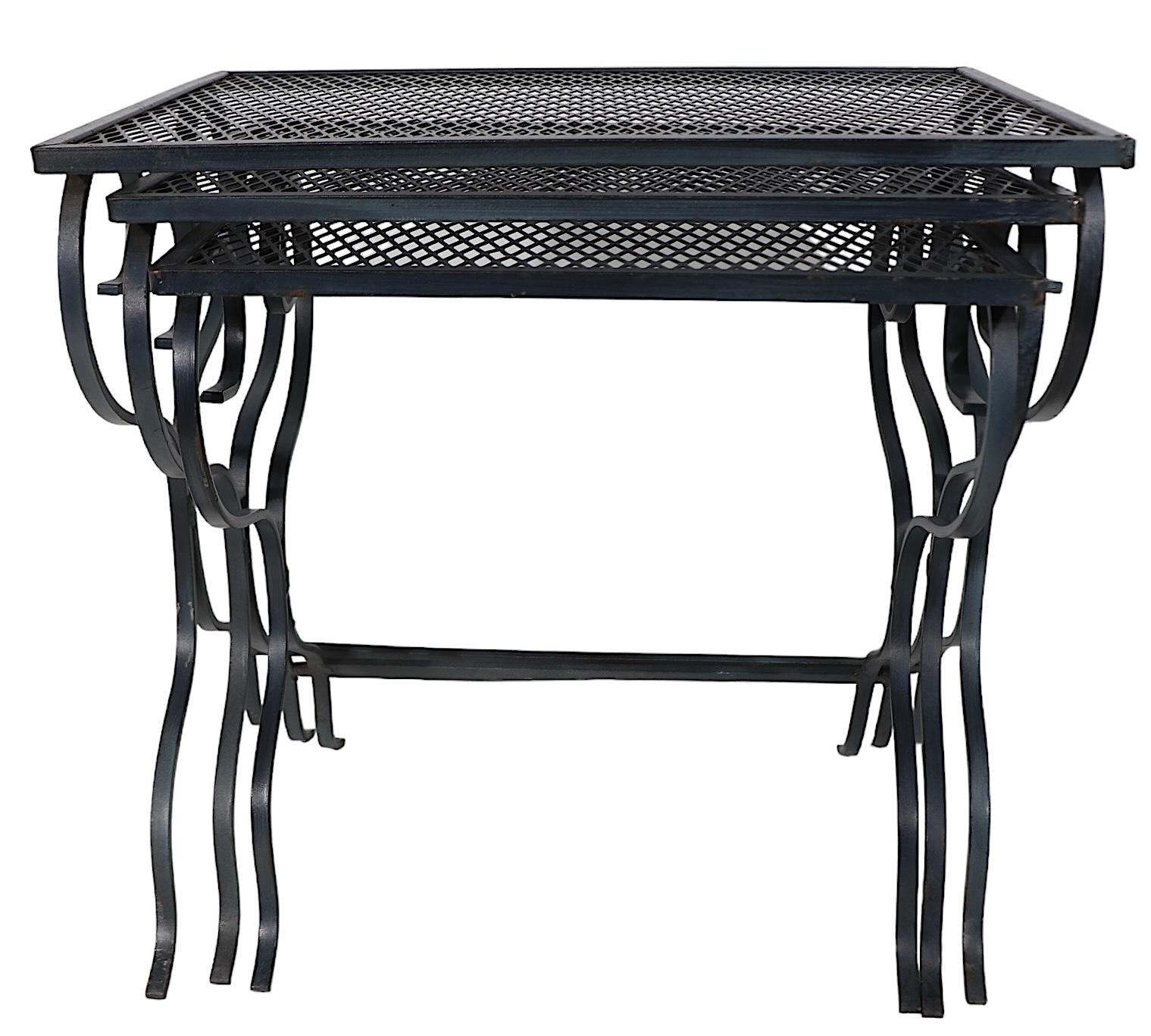 American Set of Three Wrought Iron Nesting Garden Patio Poolside Tables att. to Woodard  For Sale
