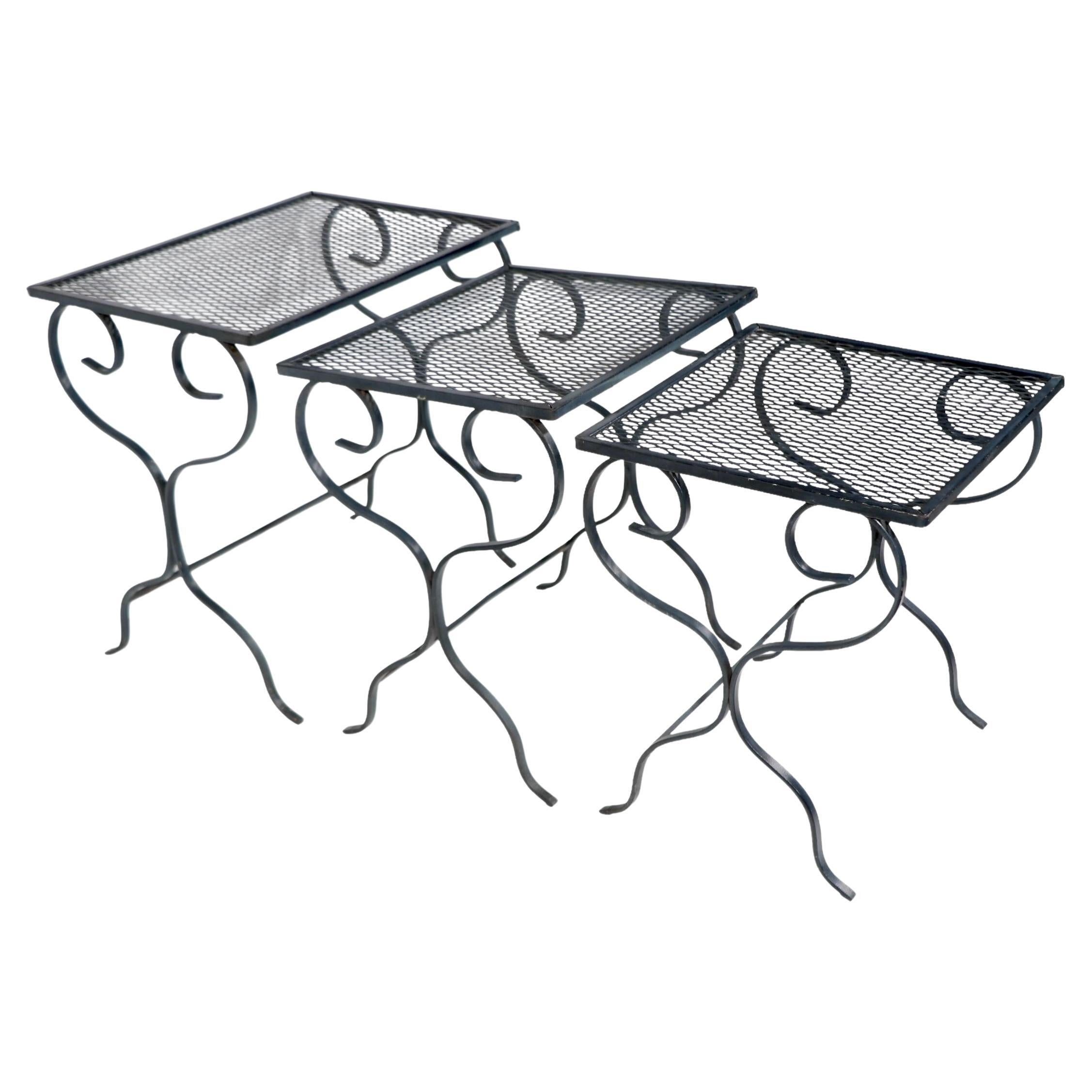 Set of Three Wrought Iron Nesting Garden Patio Poolside Tables att. to Woodard  For Sale