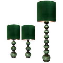 Set of Three Xl Ceramic Lamps with New Silk Custom Made Lampshades René Houben