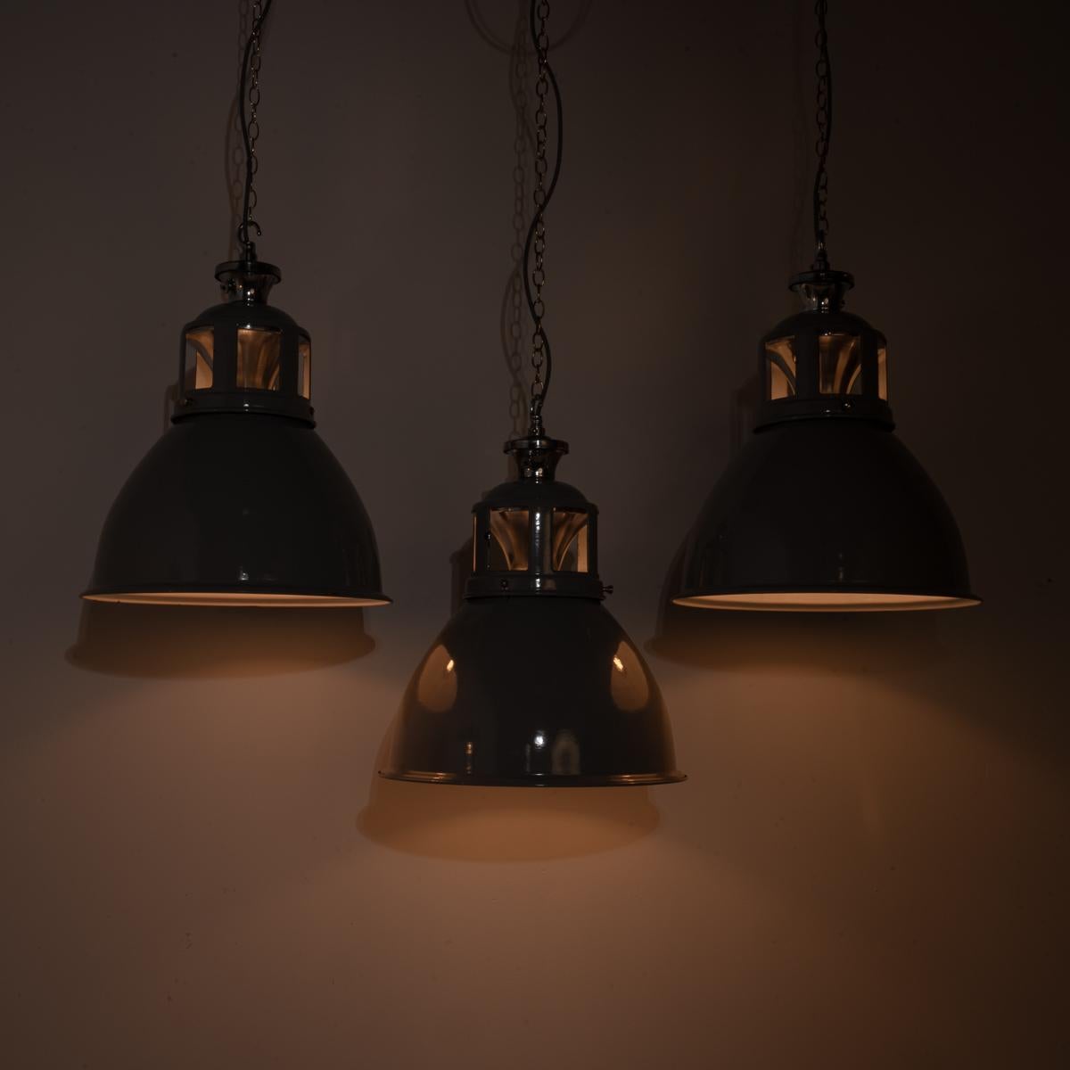 Set of Three XL Reclaimed Grey Enamel Industrial Pendant Lights by Benjamin Elec For Sale 9