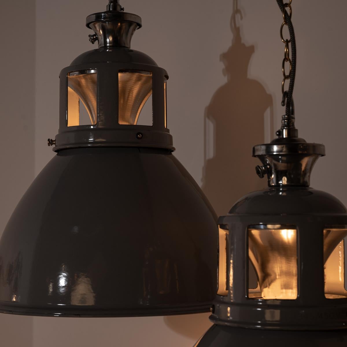 Set of Three XL Reclaimed Grey Enamel Industrial Pendant Lights by Benjamin Elec For Sale 10