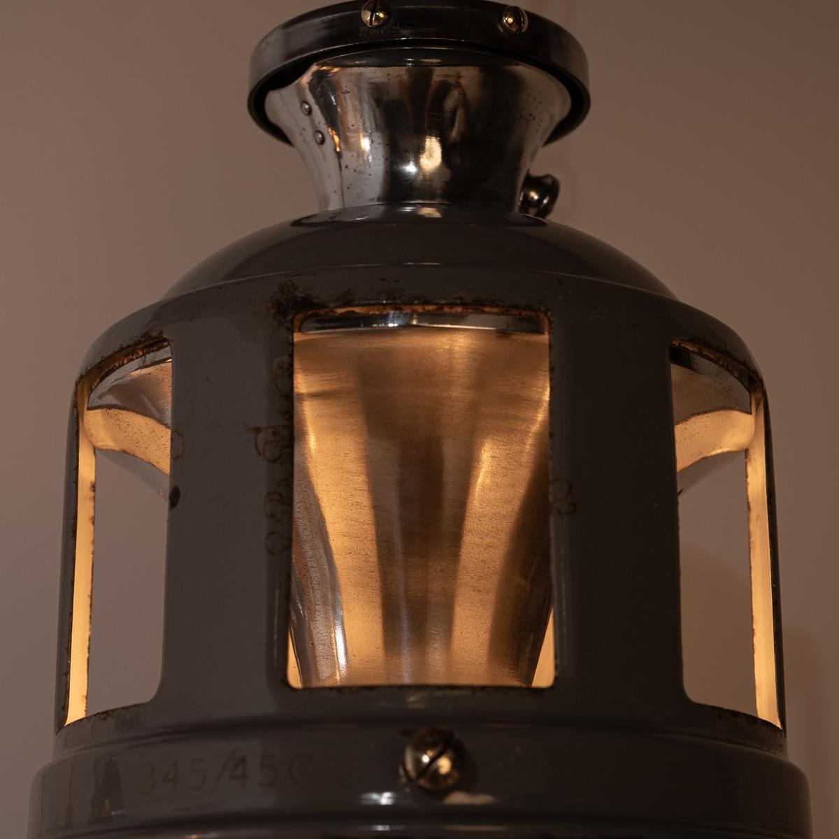 Set of Three XL Reclaimed Grey Enamel Industrial Pendant Lights by Benjamin Elec For Sale 11