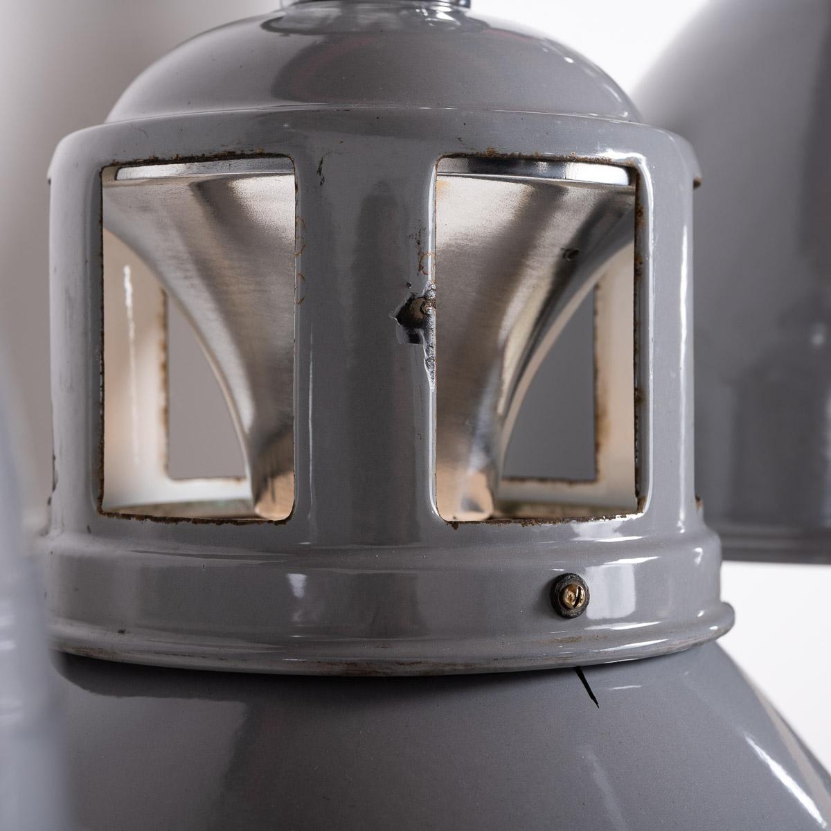 Set of Three XL Reclaimed Grey Enamel Industrial Pendant Lights by Benjamin Elec For Sale 12