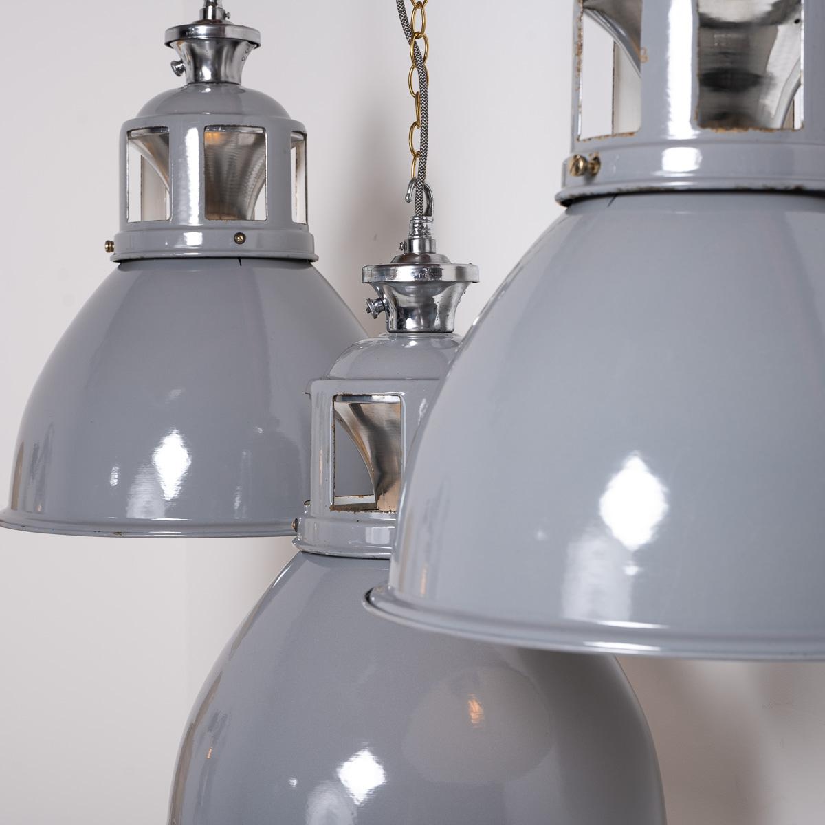 Set of Three XL Reclaimed Grey Enamel Industrial Pendant Lights by Benjamin Elec For Sale 13