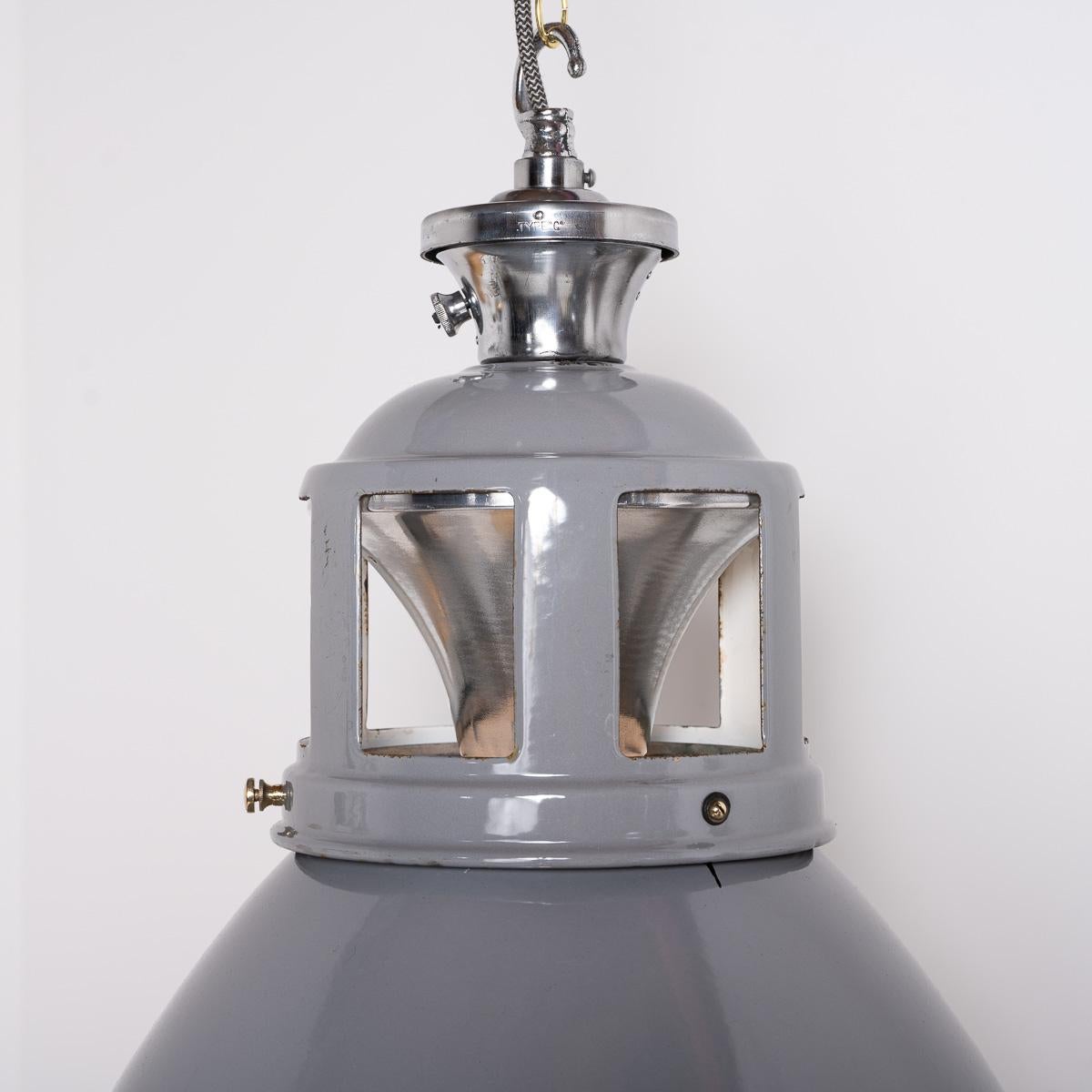 Set of Three XL Reclaimed Grey Enamel Industrial Pendant Lights by Benjamin Elec For Sale 14