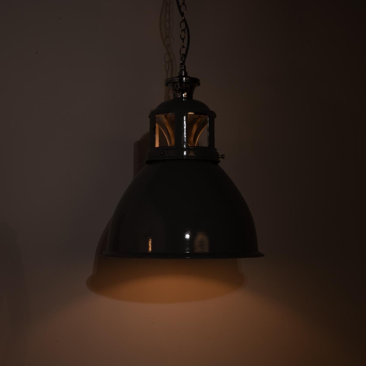 British Set of Three XL Reclaimed Grey Enamel Industrial Pendant Lights by Benjamin Elec For Sale