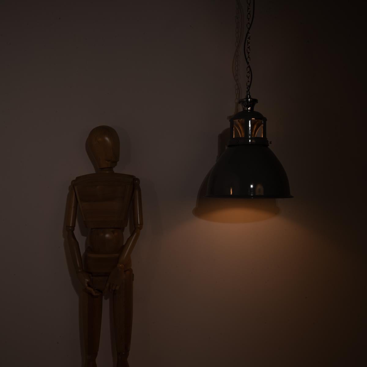 Enameled Set of Three XL Reclaimed Grey Enamel Industrial Pendant Lights by Benjamin Elec For Sale