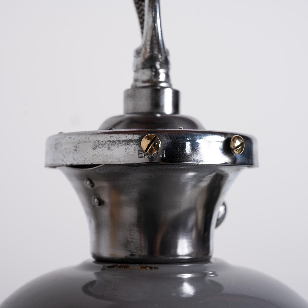 Set of Three XL Reclaimed Grey Enamel Industrial Pendant Lights by Benjamin Elec For Sale 1