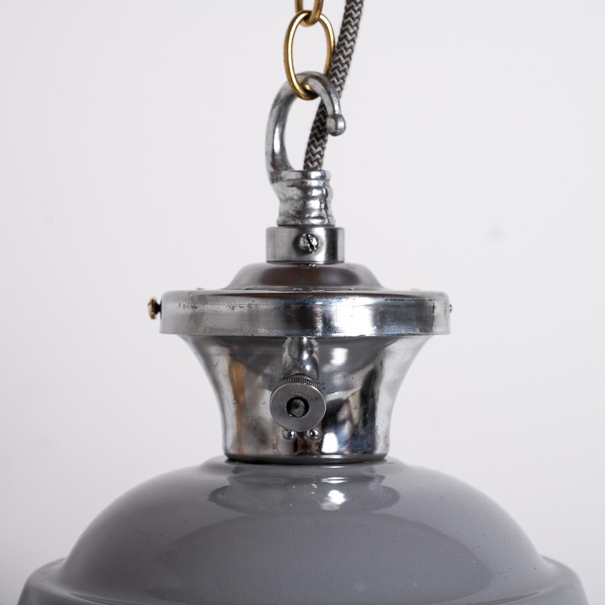 Set of Three XL Reclaimed Grey Enamel Industrial Pendant Lights by Benjamin Elec For Sale 2