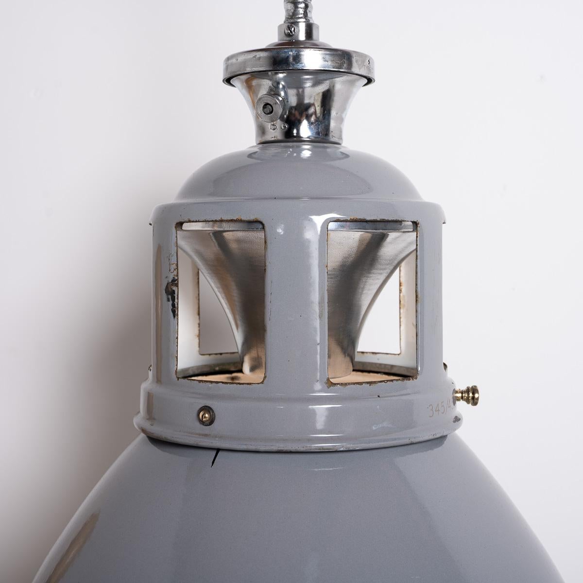 Set of Three XL Reclaimed Grey Enamel Industrial Pendant Lights by Benjamin Elec For Sale 3