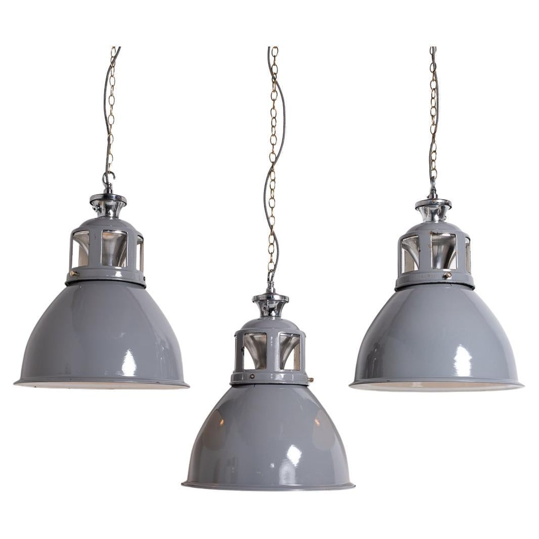 Set of Three XL Reclaimed Grey Enamel Industrial Pendant Lights by Benjamin Elec For Sale