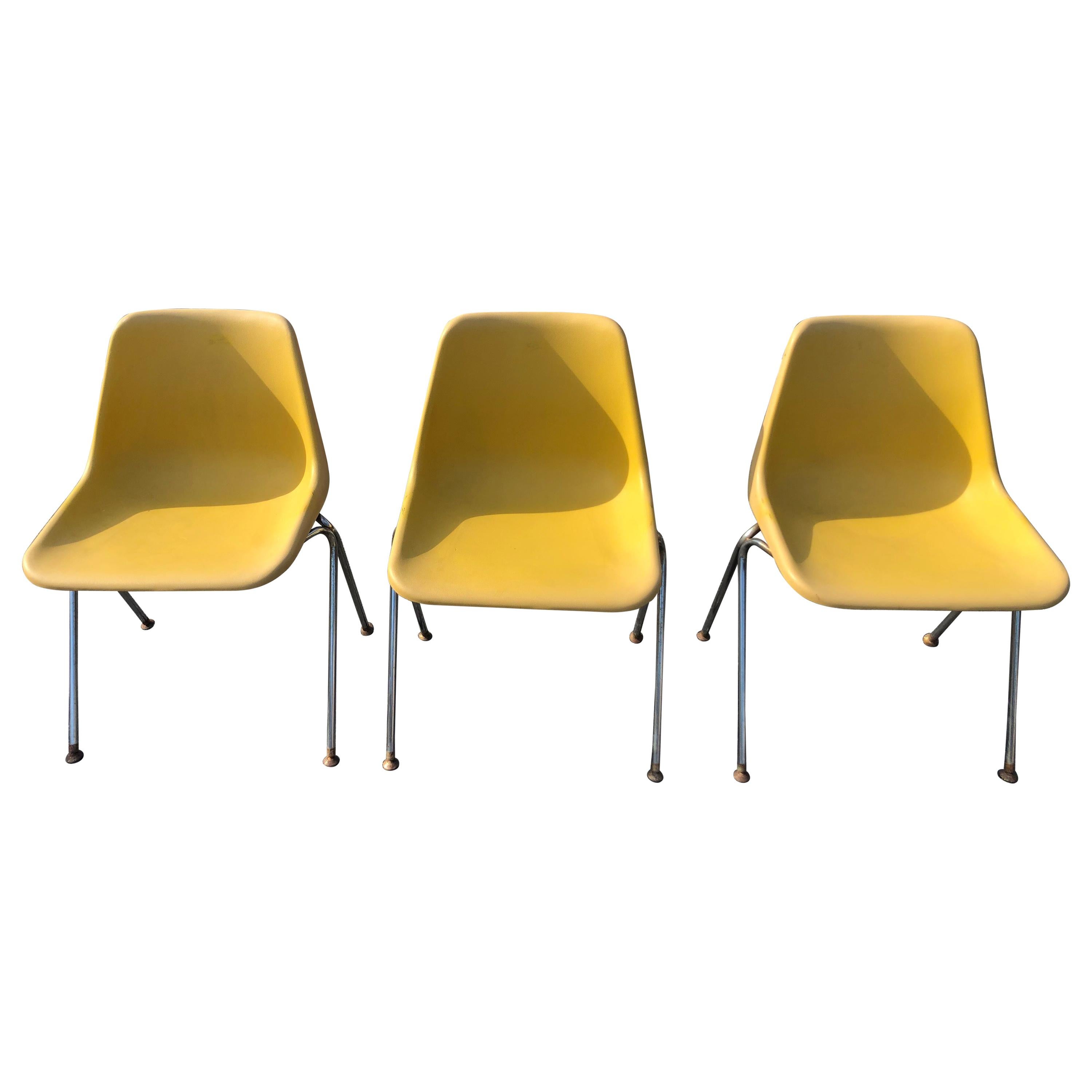 Set of Three Yellow Jon Stewart Stackable Shell Chairs