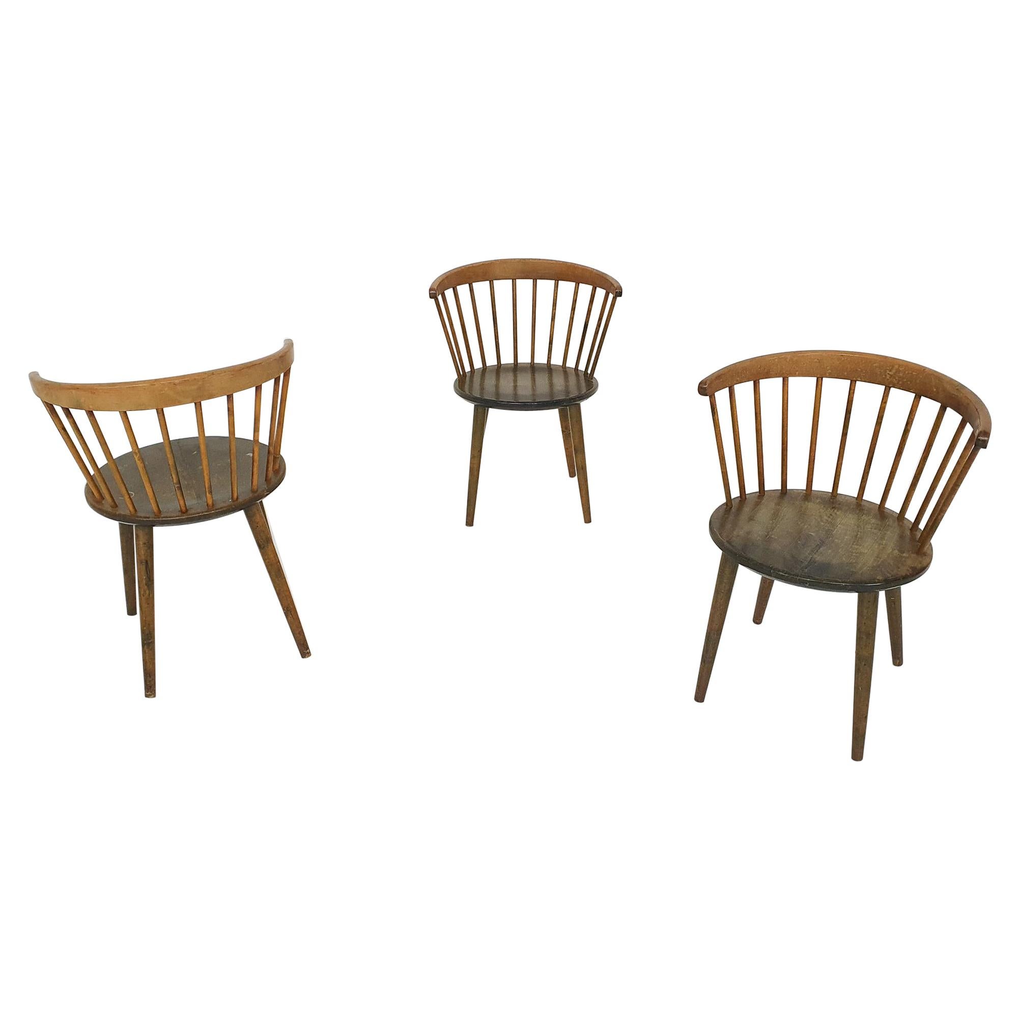 Set of Three Yngve Ekstrom for Nesto Spindle Back "Circle" Chairs, Sweden 1950's