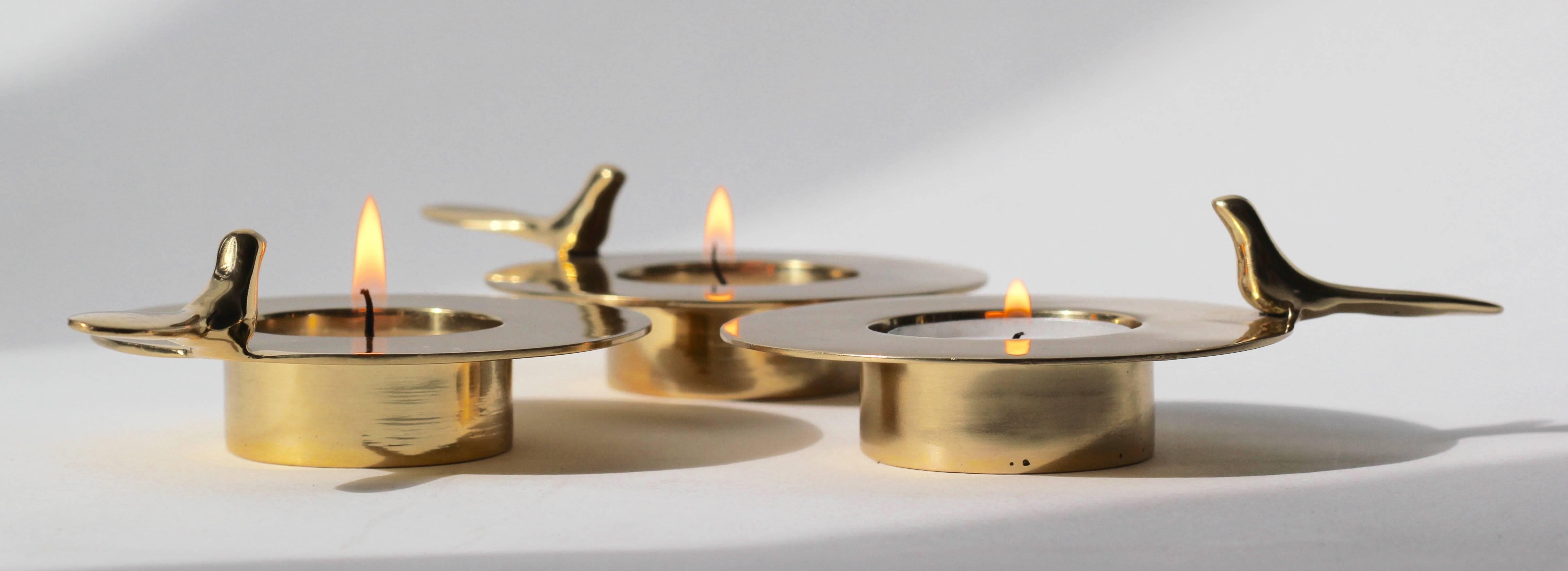 Indian Set of Three, One Bird Brass Tea Light Wide Candle-holders For Sale