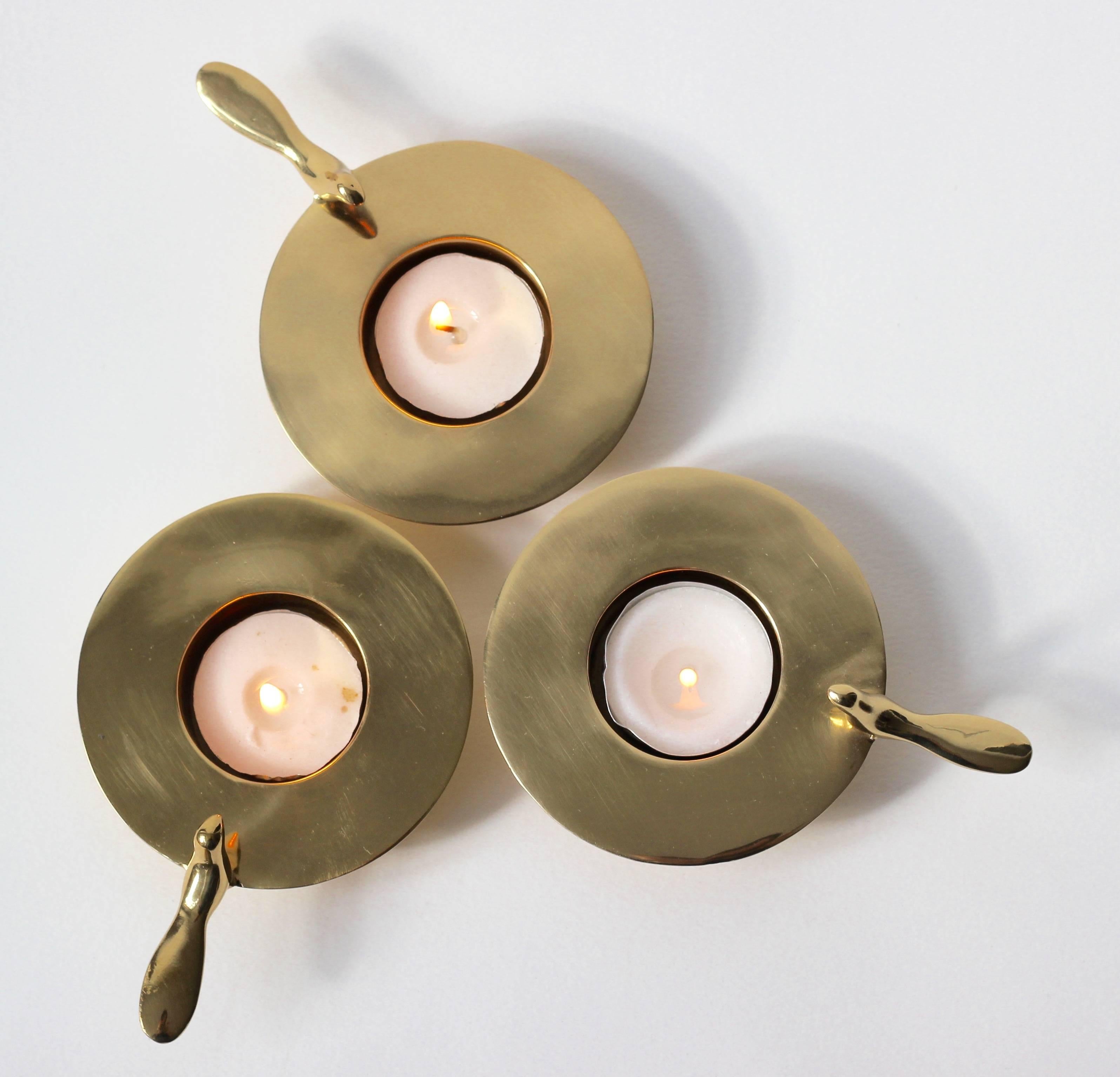 Polished Set of Three, One Bird Brass Tea Light Wide Candle-holders For Sale