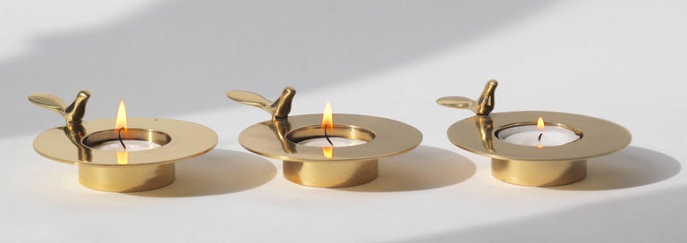Organic Modern Set of Three, One Bird Brass Tea Light Holders For Sale