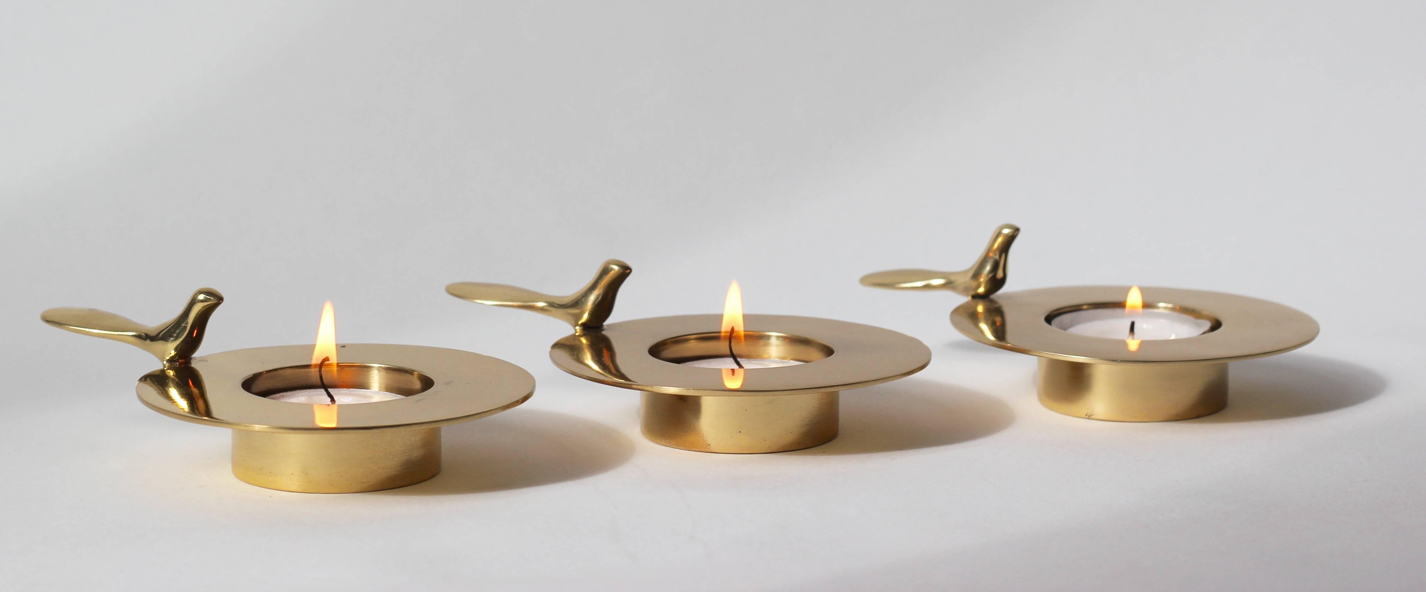 Organic Modern Set of Three, One Bird Brass Tea Light Wide Candle-holders For Sale