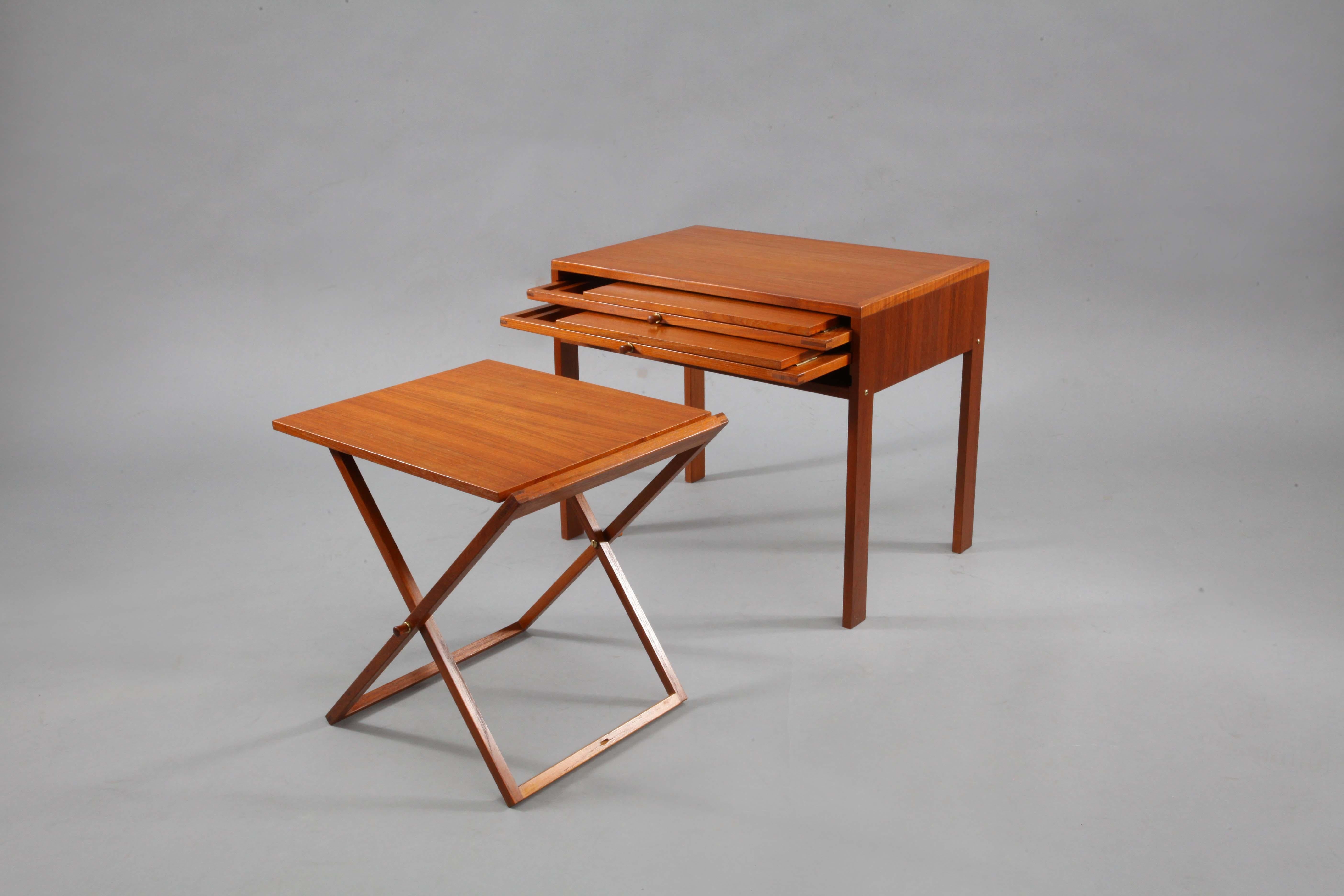 Danish Set of Three Teakwood Folding Tables Stored in End Table by Illum Wikkelsø