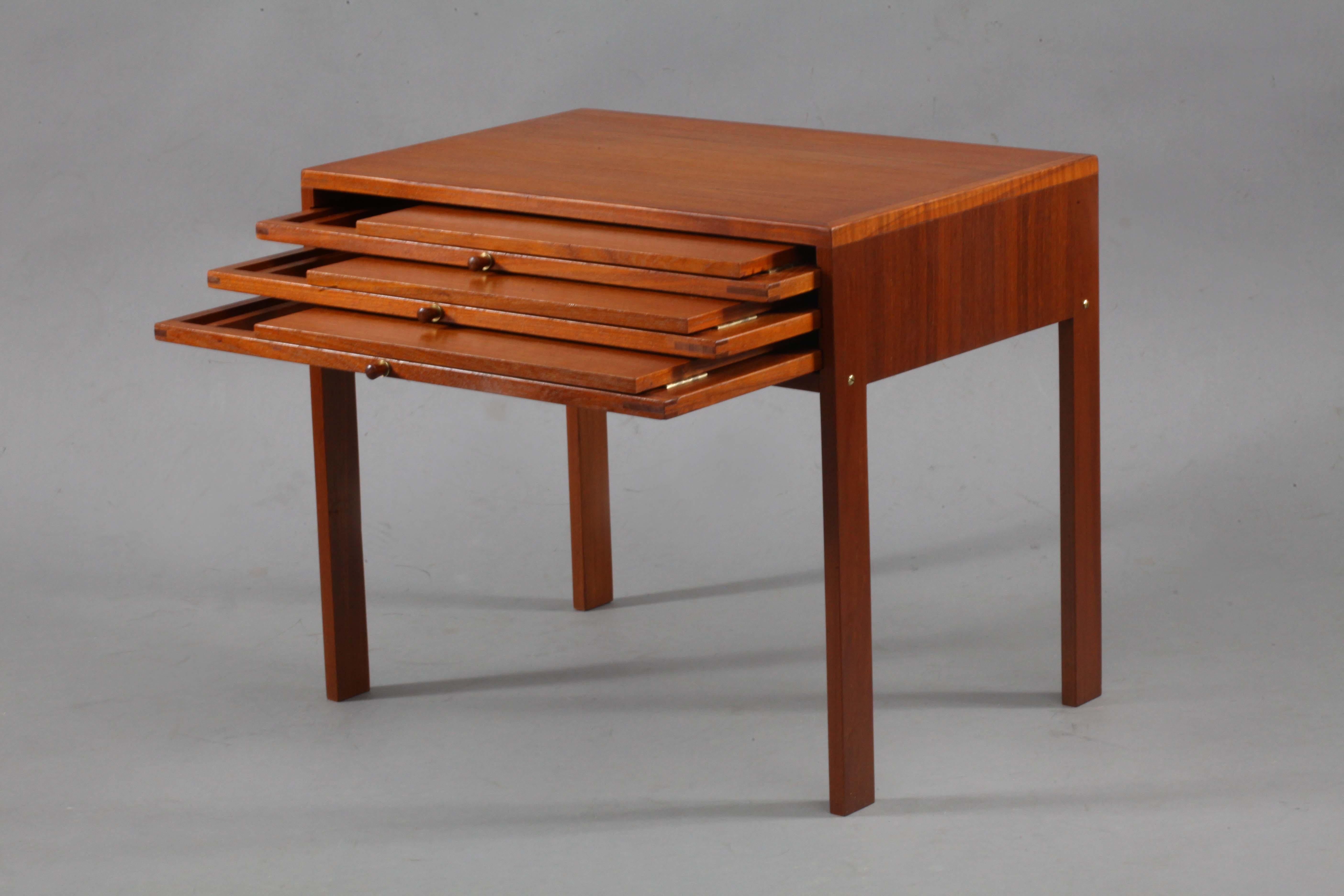 Mid-20th Century Set of Three Teakwood Folding Tables Stored in End Table by Illum Wikkelsø