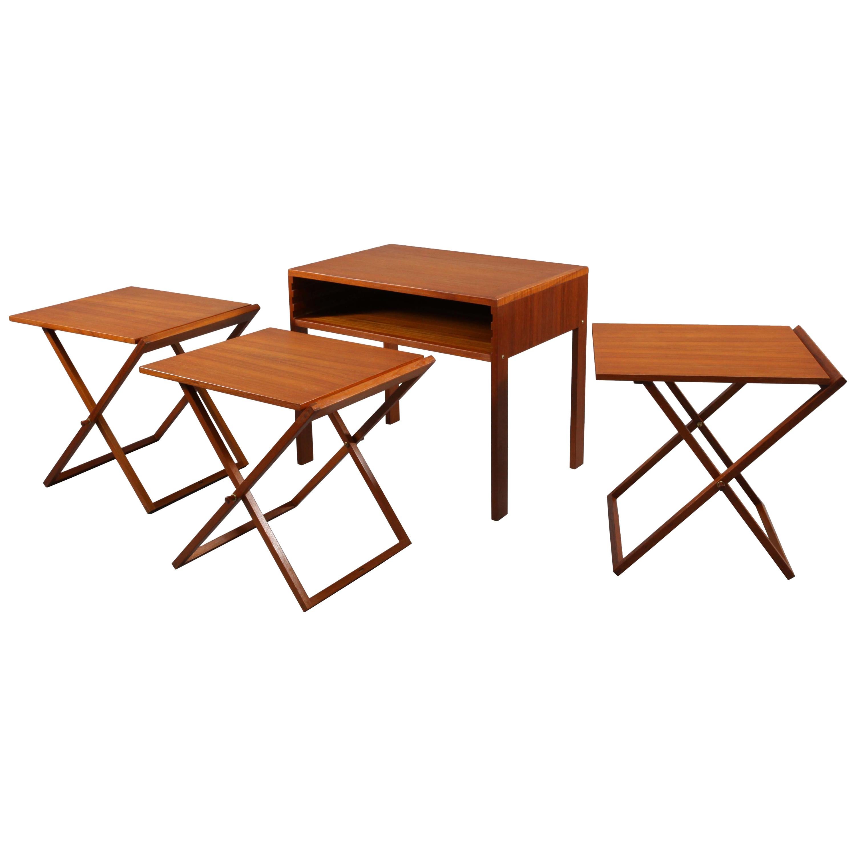 Set of Three Teakwood Folding Tables Stored in End Table by Illum Wikkelsø