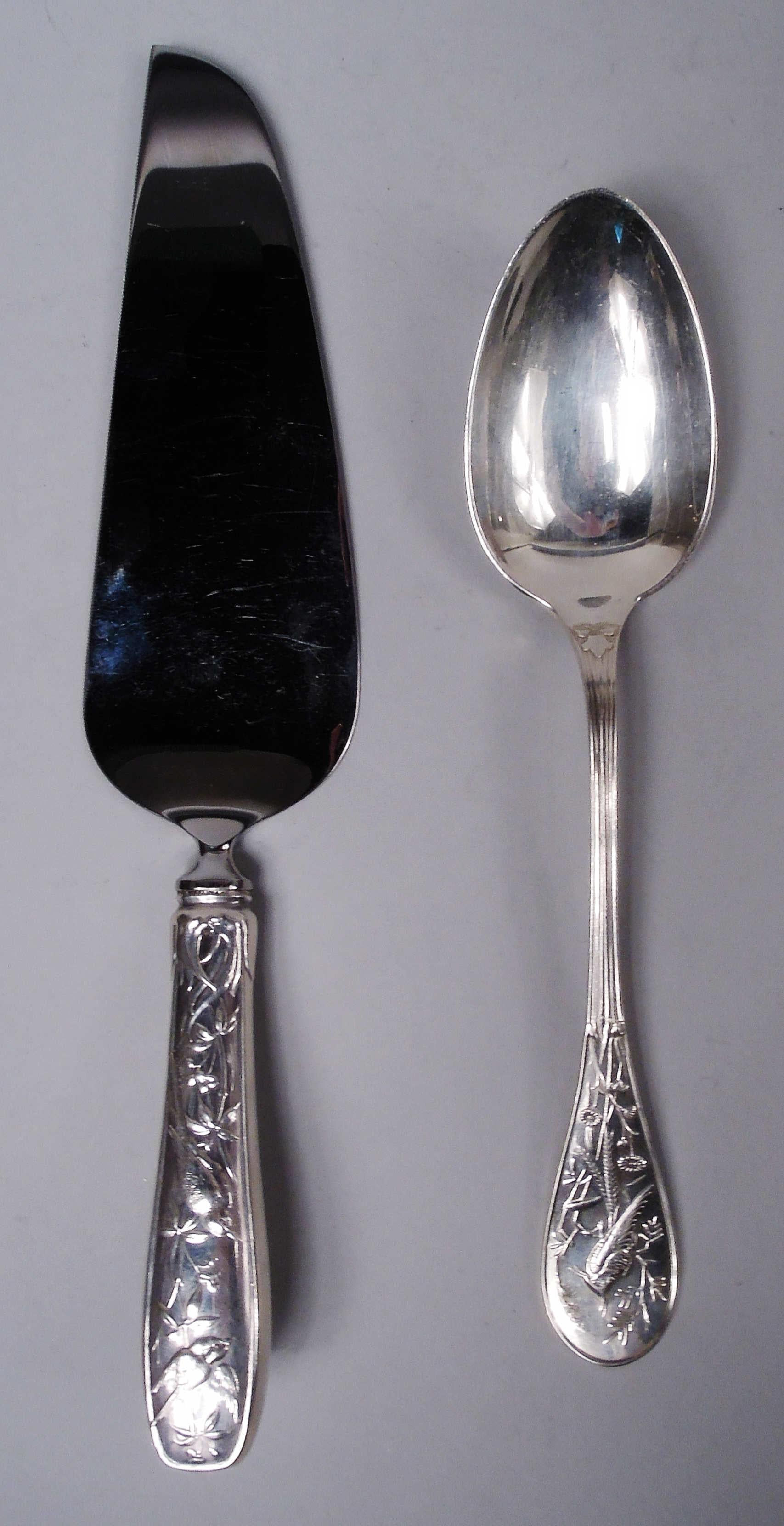 Audubon sterling silver set. Made by Tiffany & Co. in New York. This set comprises 74 pieces (dimensions in inches):

Forks: 12 forks (7 1/4) and 12 salad forks (6 5/8);

Spoons: 12 teaspoons (6 1/4), 12 round bowl soup spoon (7), and 12 iced tea