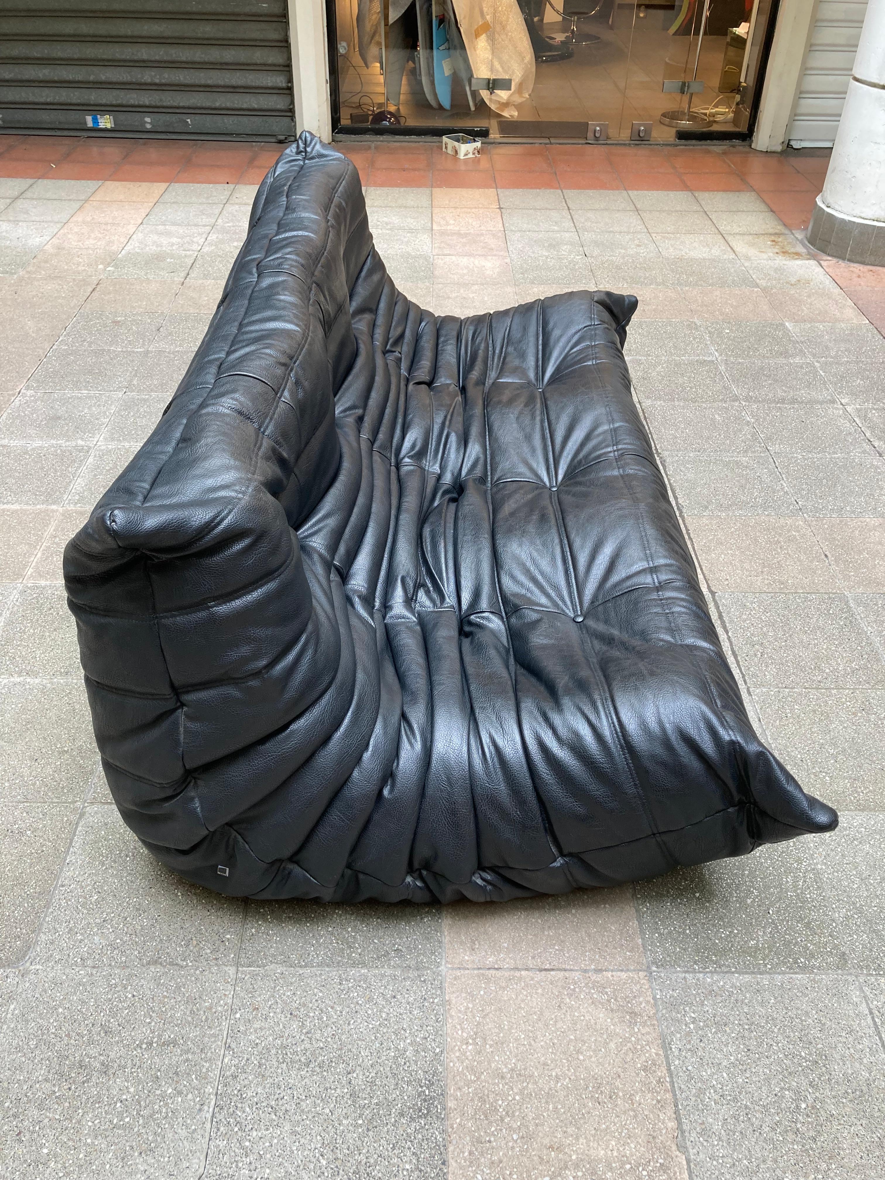 Mid-Century Modern Set of Togo Lounge Sofas, Michel Ducaroy Black Skai Roset Line, Circa 1990