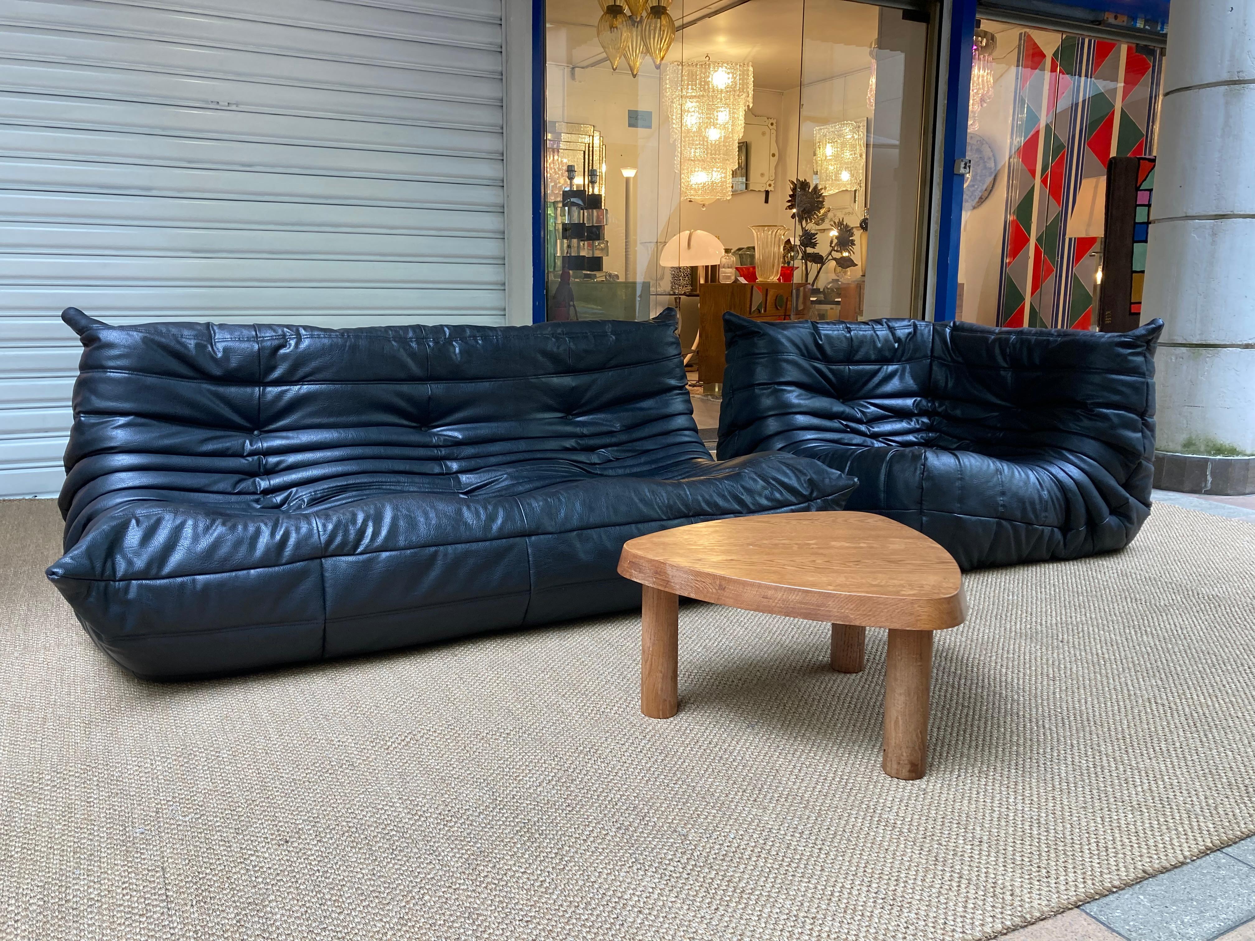 European Set of Togo Lounge Sofas, Michel Ducaroy Black Skai Roset Line, Circa 1990